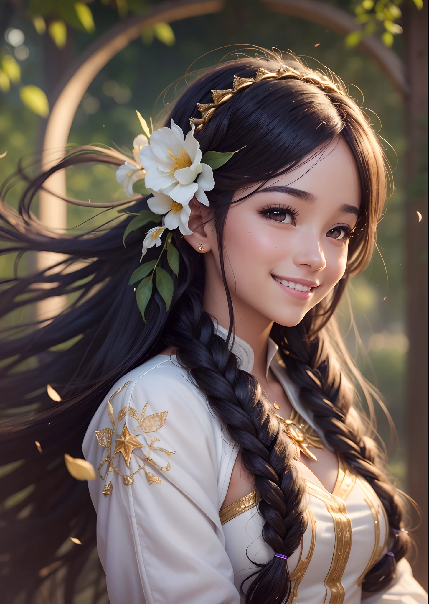 A slightly suppressed smile appears on the girl's face. But ((((((the smile) has a strange and proud emotion))) intertwined with it. Her lips seem to be whispering a dark secret, like Oh Min-ryeo's. (((Her smile) Because the eyes have a feeling of longing))), which explains ((supernatural atmosphere))) beautiful mermaid jumping out of water, dazzling long braided hair flowing in the wind, white outfit, tswimming in water, laughing embellished with flowers, intricate, cinematic lighting, has the power to make plants grow and can hear their spirits, grainy image, intricate, wlop art style Close Shot, Epic fantasy art, Cinematic lighting, Volumetric lighting, Epic composition, Photorealism, Bokeh blur, Very high detail, sharp, Artstation, 8k HD; disney princess, black, special feature, pretty, golden streaks in afro hair, cute, 3d render, blender, christian princess, realism, anime --auto --s2