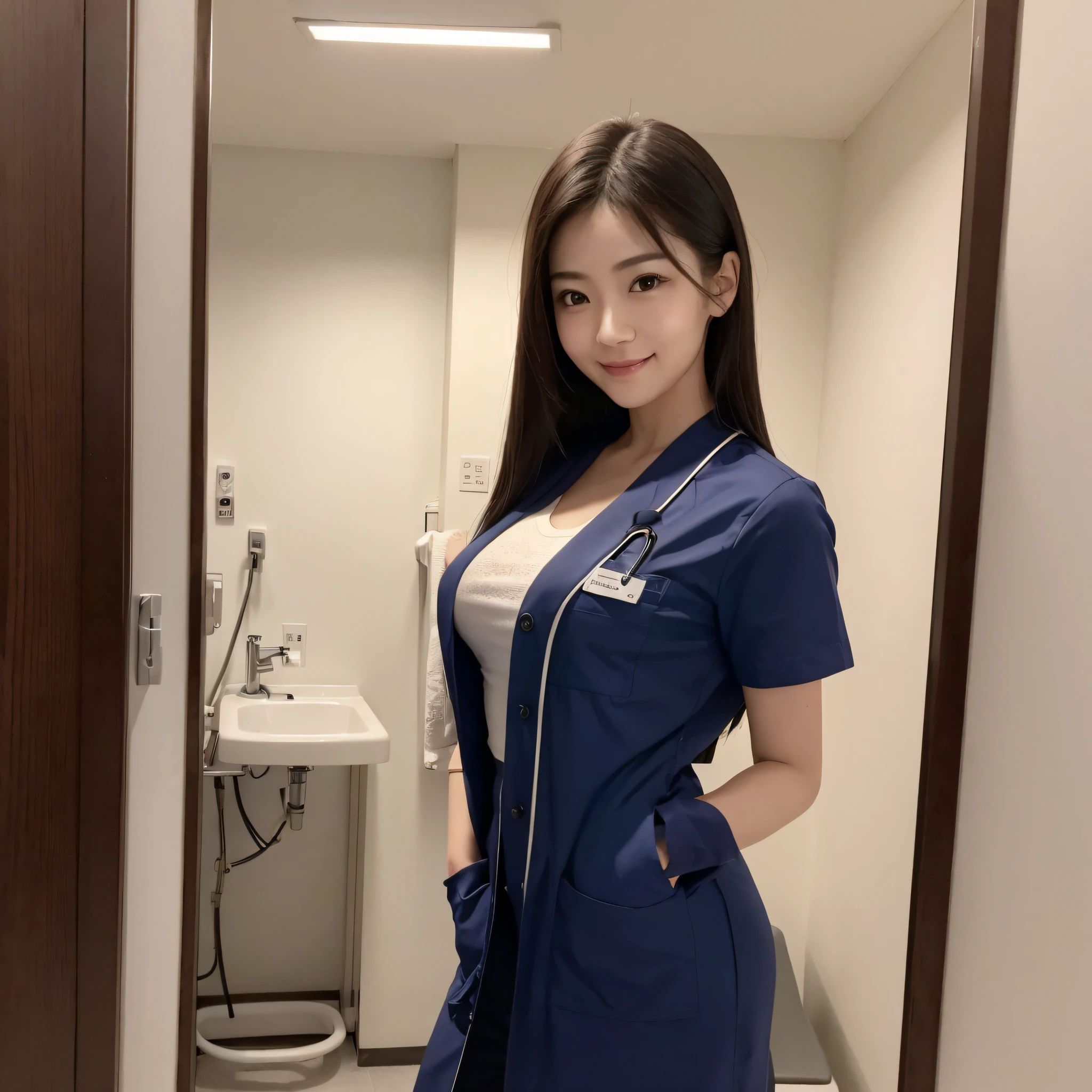 One Nurse Woman、((best qualtiy、8k masterpieces:1.3))、foco nítido:1.2、(ultra beautiful faces:1.0)、(shinny skin:1.0)、photos realistic、A dark-haired、Video Lighting、High-definition eyes and face、Video Lighting、Japan Idol Actress、from the front side、medium breasts、Smile、Slender Abs Beauty、Whole body、Wearing a white coat、at hospital