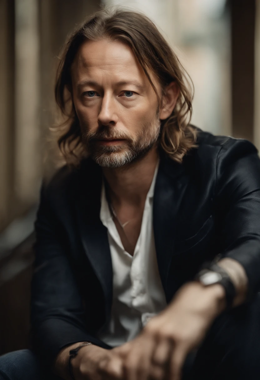 thom yorke,oil painting,low saturation,best quality,ultra-detailed,realistic,portrait,subtle colors,soft lighting,singer,artist,expressive eyes,freckles,aged appearance,tangled hair,creative expression,emotional depth,extraordinary talent,unique personality,deep introspection,warm tones,intonation,musicality,facial details,wisdom,experienced,charismatic presence,blurred background,elegant pose,rich texture,subdued hues,dreamlike atmosphere,artistic interpretation,nuanced brushstrokes,subtle shadows,gentle gaze,total immersion,airy brushwork,impressionistic style,Ambient,Electronic,Landscape record,compositional balance,thoughtful,lyrical,mellow music,transcendent ambiance,vibrant storytelling,soothing melodies,haunting lyrics,layered soundscapes,provocative vibes,ethereal beauty,rhythmic exploration,enigmatic aura,sonic landscapes