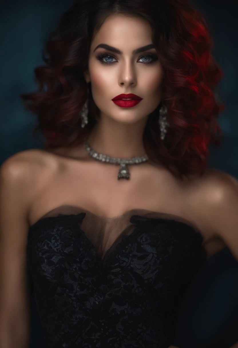 1 chica de eparatoria, cabello negro, ojos rojos, vestido carmesi con negro, fondo luna