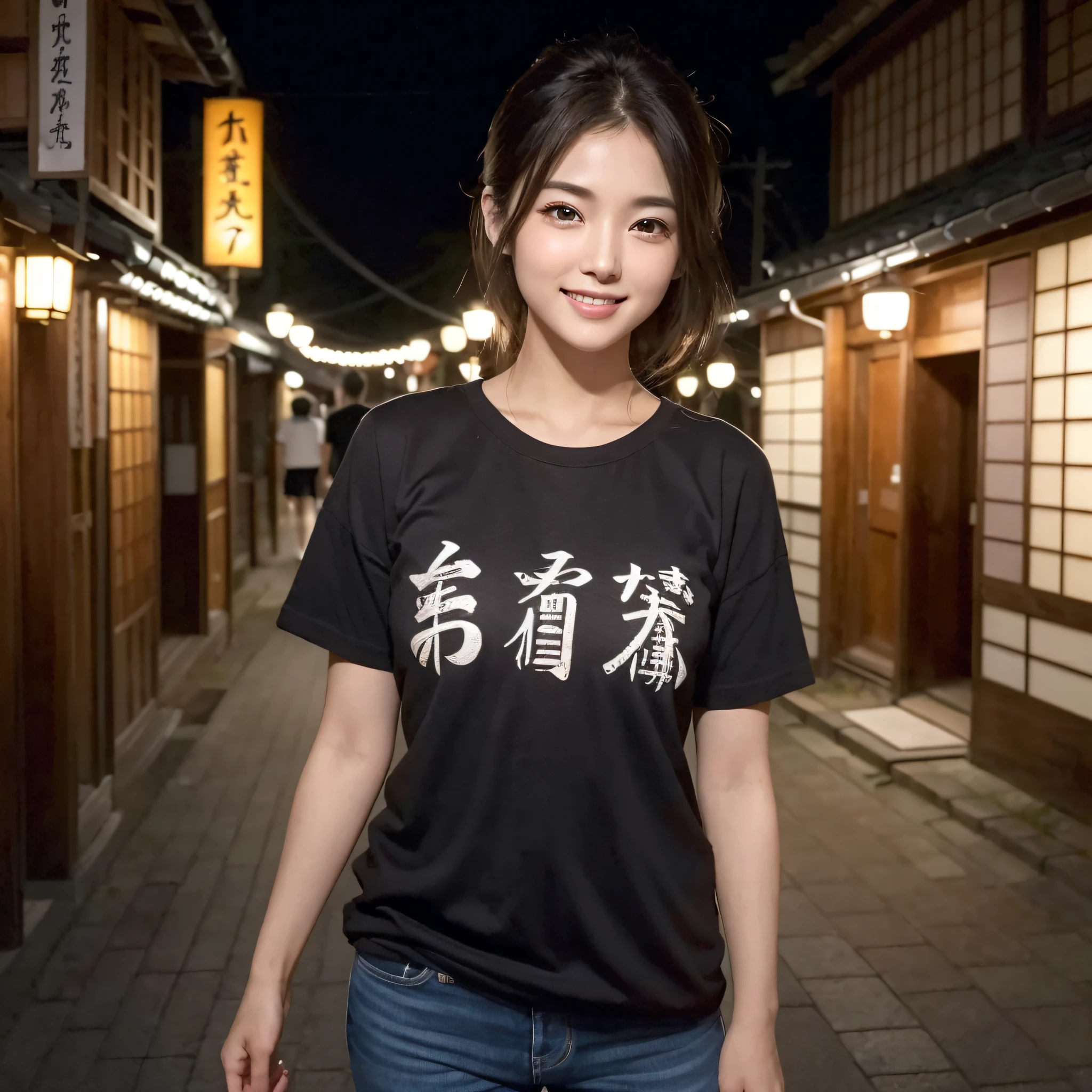 One beauty、((best qualtiy、8k masterpieces:1.3))、foco nítido:1.2、(ultra beautiful faces:1.0)、(shinny skin:1.0)、photos realistic、A dark-haired、Video Lighting、High-definition eyes and face、Video Lighting、25-year-old Japan actress、from the front side、medium breasts、Smile、Slender Abs Beauty、Whole body、Wearing a T-shirt with Japan kanji written on it、In Kyoto at night