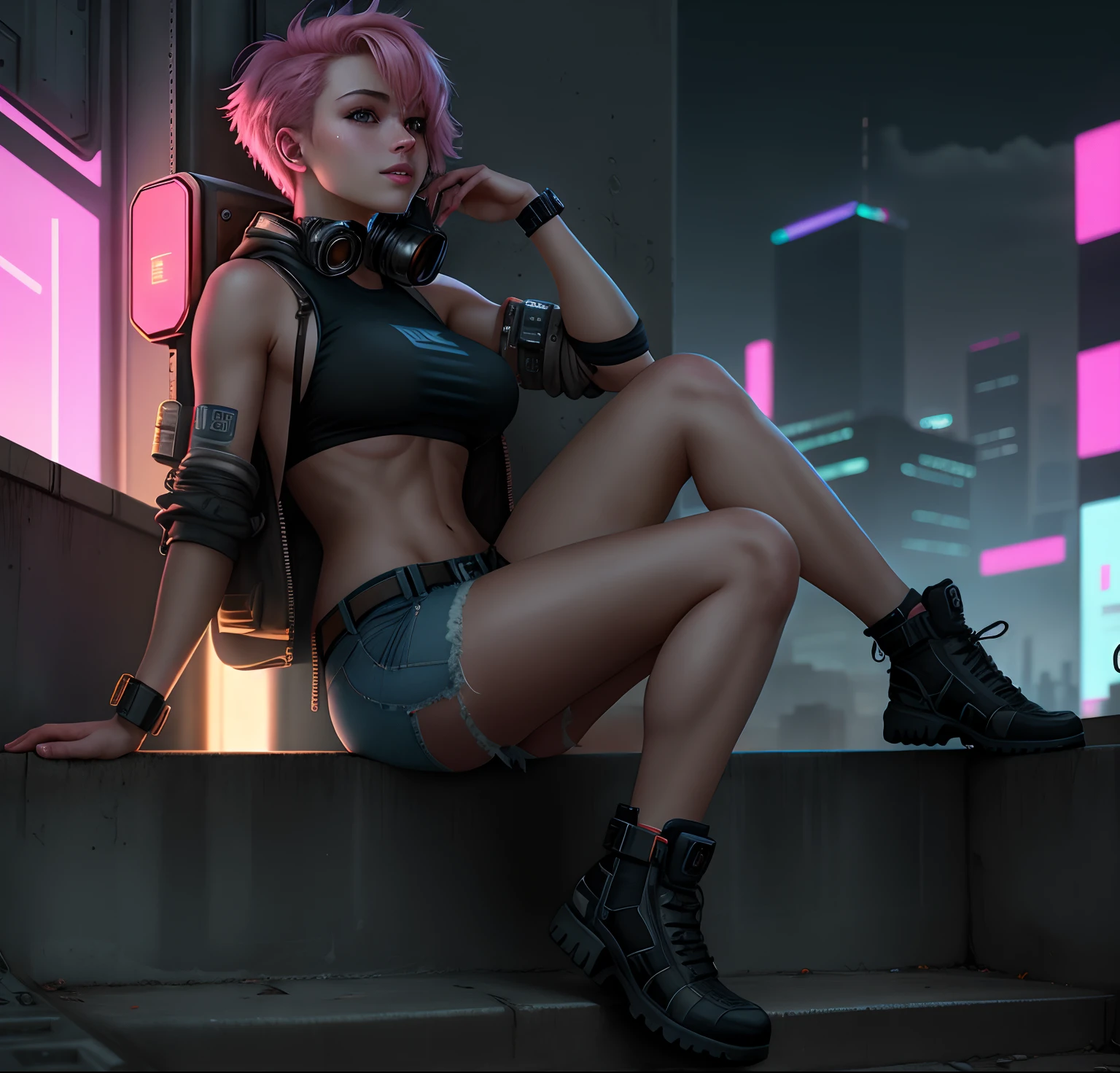 Beautiful woman colored hair, sitting spread leg, wearing small tiny black silk thong, massive cyberpunk belt, high combat military neon boots, muscular, cyberpunk style realistic detailed