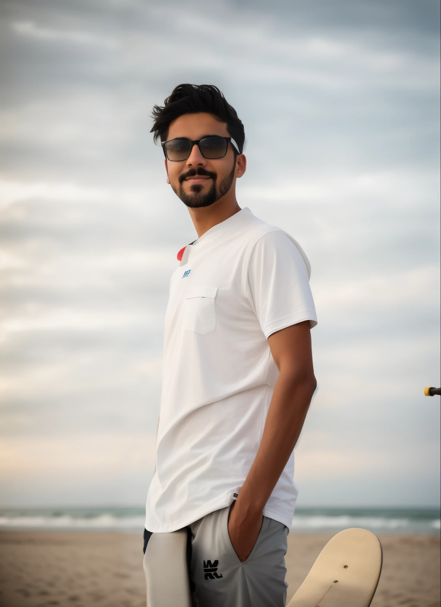 there is a man standing on a beach with a skateboard, shot on nikon z9, casual photography, photo taken with canon 5d, taken with canon 5d mk4, with a cool pose, taken with canon 8 0 d, candid picture, shot on canon eos r 5, shot on canon eos r5, mohamed chahin style, very very low quality picture