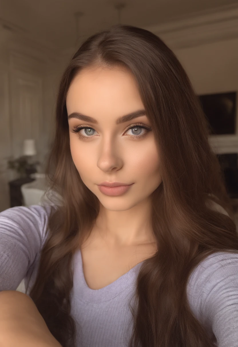 arafed woman with school uniform, sexy girl with brown eyes, sophie mudd, brown hair and large eyes, selfie of a young woman, bedroom eyes, violet myers, without makeup, natural makeup, looking directly at the camera, face with artgram, subtle makeup, stunning full body shot, in garden, cleavage