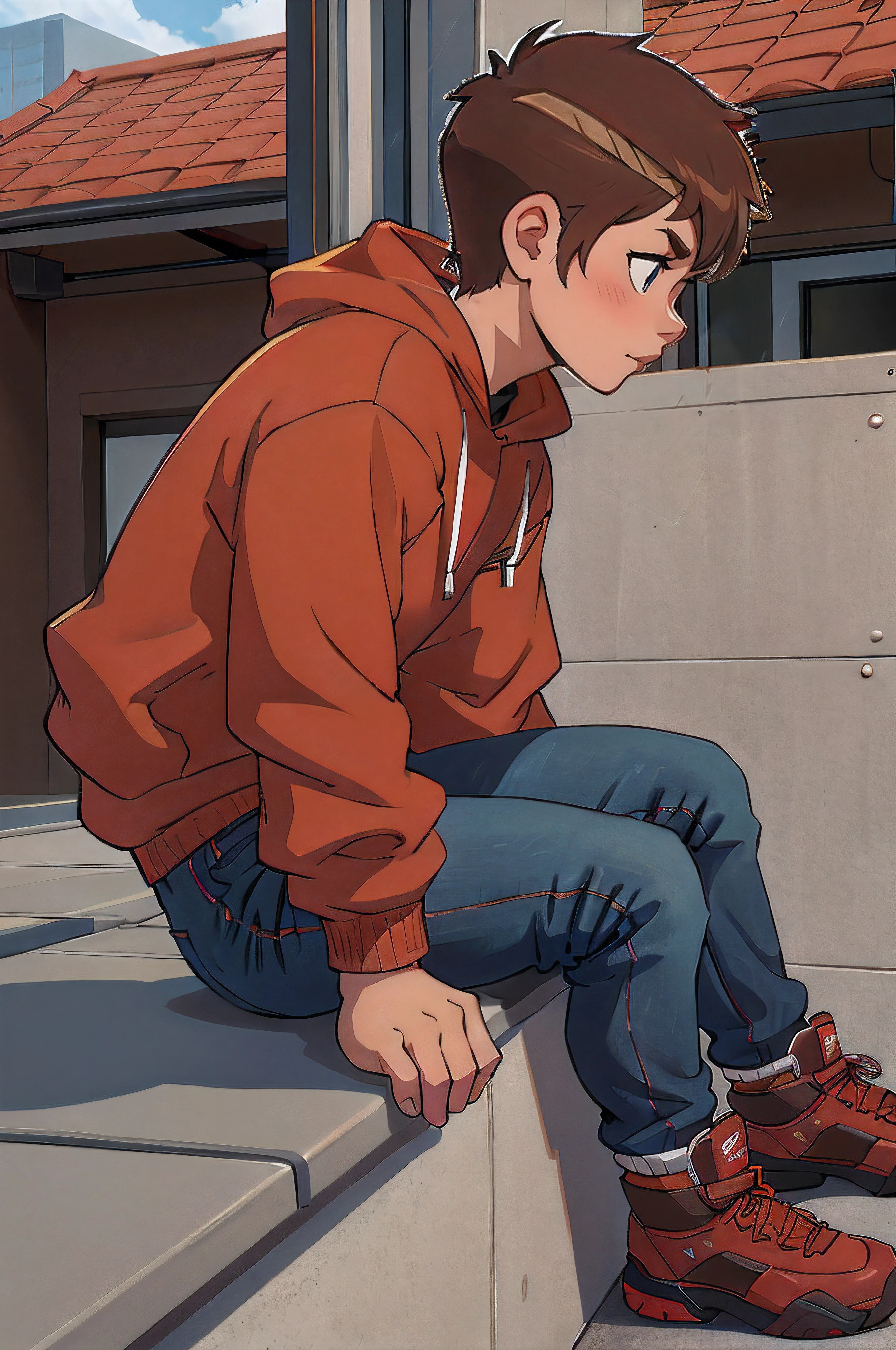 (Best quality:1.5), (Ultra Highres) (2.5D). (Name: Din Takanashi), (Character model), (Character sheet), (Clothing: red sweatshirt), (Age and gender: 14-year-old boy), (Trousers: Jeans), (Shoes: Training boots), (Expression: Sad), (Position: Standing), (Hair: Brown with short cut), (Eyes: Light brown), (Facial details: Freckles), (Angle: side).