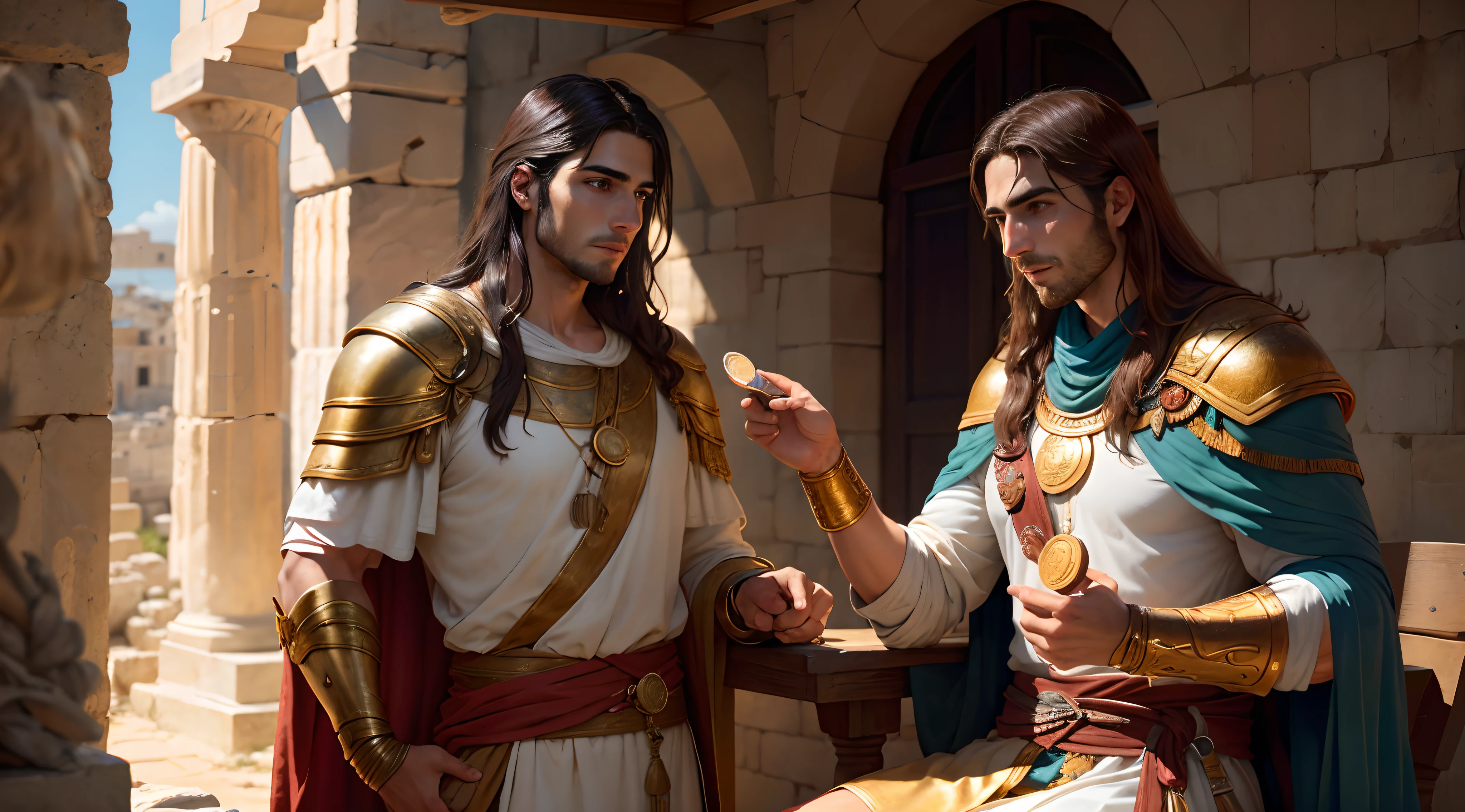 "Aleixo, a strong young man and Greek philosopher, in a setting of ancient Athens, receiving a shiny coin from a mysterious elderly sage. Alexios' expression must be one of curiosity and intrigue."