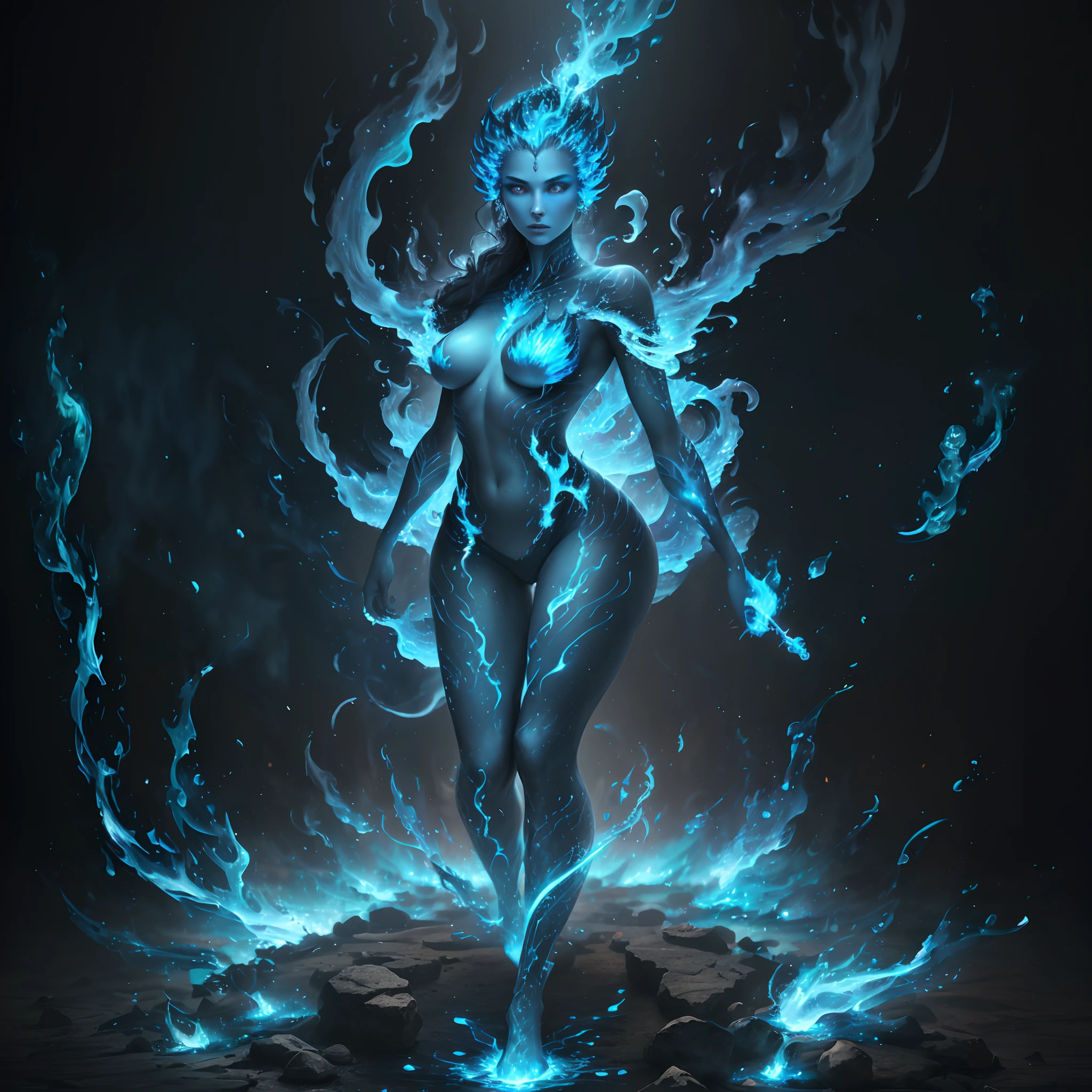 ( woman made of blue
fire), gorgeous face, (blue fire instead
of skin), (woman with blue fire body),
mythical creature, fantasy, mythological
creature, evil goddess, (blue fire body
instead of human body), masterpiece, 4k,
reinaissance painting incredibly detailed
effect, 3d, standing, visible torso --auto --s2