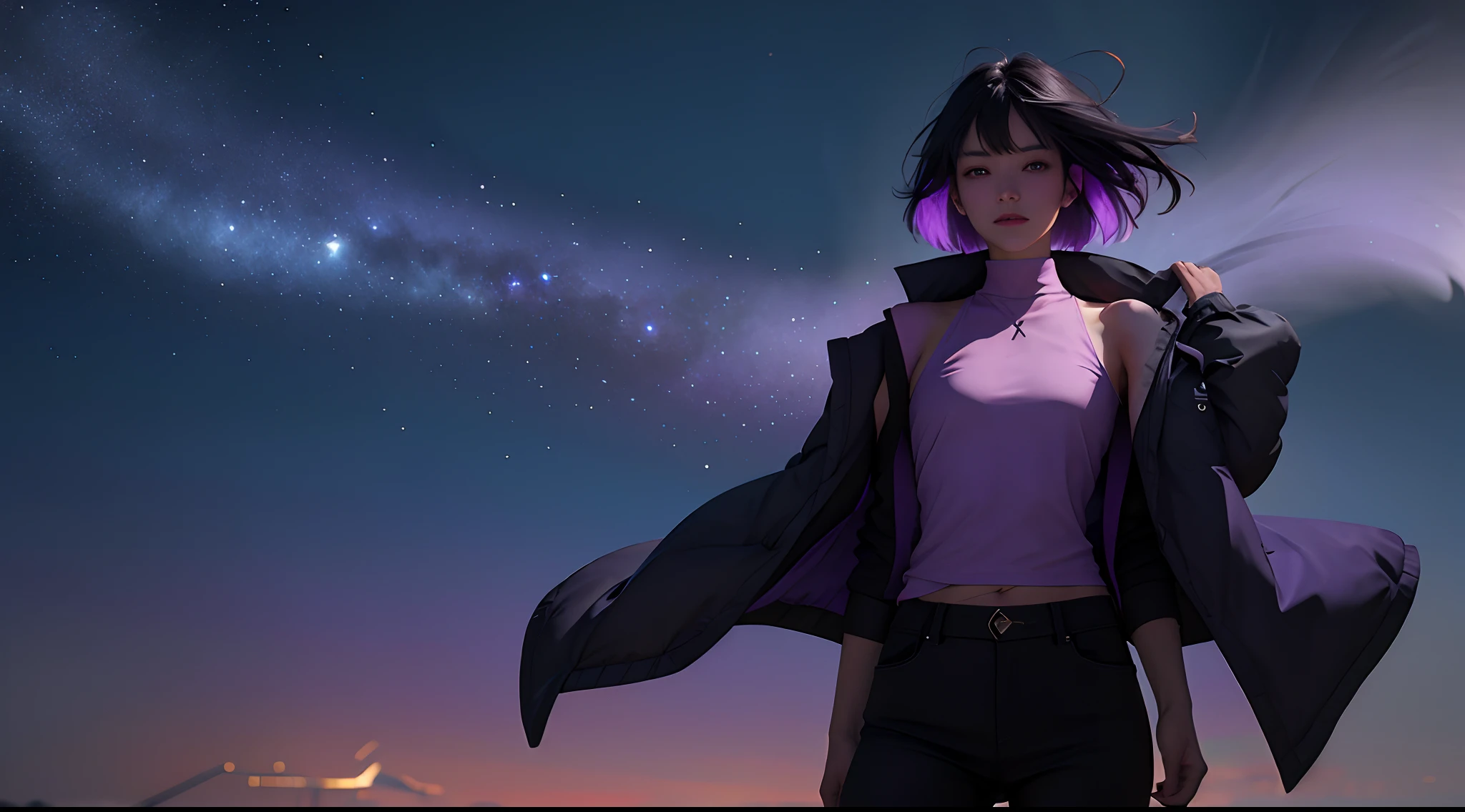 (masterpiece), ((top-quality)), (ultra-detailliert), ((extremely delicate and beautiful)),the Extremely Detailed CG Unity 8K Wallpapers,细致背景,(Exquisite color by blocks),(Exquisite color by blocks),Depth Field,colourfull,、Beautiful detailed sky、Evening glow、Drift Racing(Parallel Flow)、Breeze on the background of wheat-colored meadow、standing in a grass field,Woman showing her back,Hair that flutters in the wind,Lights to plug in,Lonely look,Gaze into the distance,Purple highlights for black hair,sharp eye,Purple eyes,Boyish Shorthair Very Shorthair,disheveled short hair,Sleeveless jacket with high neck,Black and purple jacket,Tight leather pants,cross belt,slim and muscular,Delicately expresses realistic skin texture,Floating on a spiral luminous object,Firefly luminescence,Close-up of facial expressions