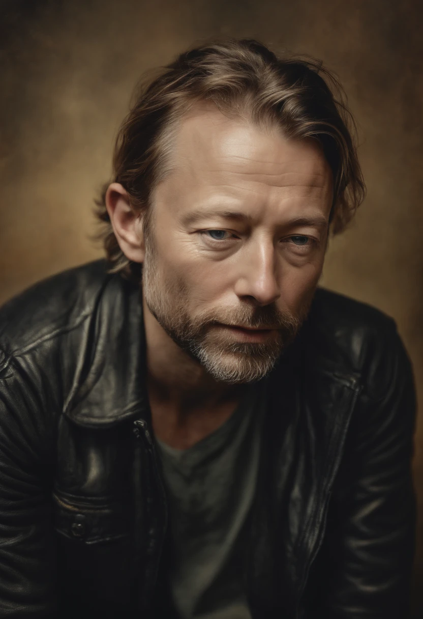 thom yorke,oil painting,low saturation,best quality,ultra-detailed,realistic,portrait,subtle colors,soft lighting,singer,artist,expressive eyes,freckles,aged appearance,tangled hair,creative expression,emotional depth,extraordinary talent,unique personality,deep introspection,warm tones,intonation,musicality,facial details,wisdom,experienced,charismatic presence,blurred background,elegant pose,rich texture,subdued hues,dreamlike atmosphere,artistic interpretation,nuanced brushstrokes,subtle shadows,gentle gaze,total immersion,airy brushwork,impressionistic style,Ambient,Electronic,Landscape record,compositional balance,thoughtful,lyrical,mellow music,transcendent ambiance,vibrant storytelling,soothing melodies,haunting lyrics,layered soundscapes,provocative vibes,ethereal beauty,rhythmic exploration,enigmatic aura,sonic landscapes, Color spark, Hallucination