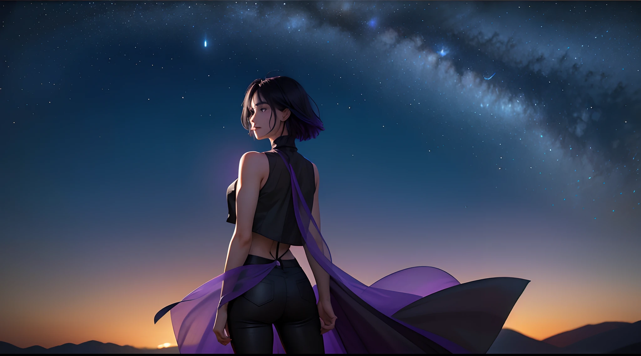 (masterpiece), ((top-quality)), (ultra-detailliert), ((extremely delicate and beautiful)),the Extremely Detailed CG Unity 8K Wallpapers,细致背景,(Exquisite color by blocks),(Exquisite color by blocks),Depth Field,colourfull,、Beautiful detailed sky、Evening glow、Drift Racing(Parallel Flow)、Breeze on the background of wheat-colored meadow、standing in a grass field,Woman showing her back,Hair that flutters in the wind,Lights to plug in,Lonely look,Gaze into the distance,Purple highlights for black hair,sharp eye,Purple eyes,Boyish Shorthair Very Shorthair,disheveled short hair,Sleeveless jacket with high neck,Black and purple jacket,Tight leather pants,cross belt,slim and muscular,Delicately expresses realistic skin texture,Floating on a spiral luminous object,Firefly luminescence,Close-up of facial expressions