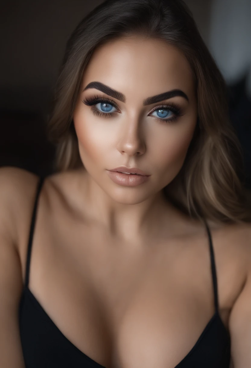 Arafed Mujer totalmente , Chica sexy con ojos azules, ultra realista, meticulosamente detallado, Retrato Sophie Mudd, cabello rubio y ojos grandes, selfie de una mujer joven, Ojos del dormitorio, Violeta Myers, sin maquillaje, Maquillaje natural, staring directly into camera, cara con artgram, maquillaje sutil, Impresionante foto de cuerpo completo arrodillado en la cama, En el dormitorio, Medium to large size bust, sujetador deportivo y leggins