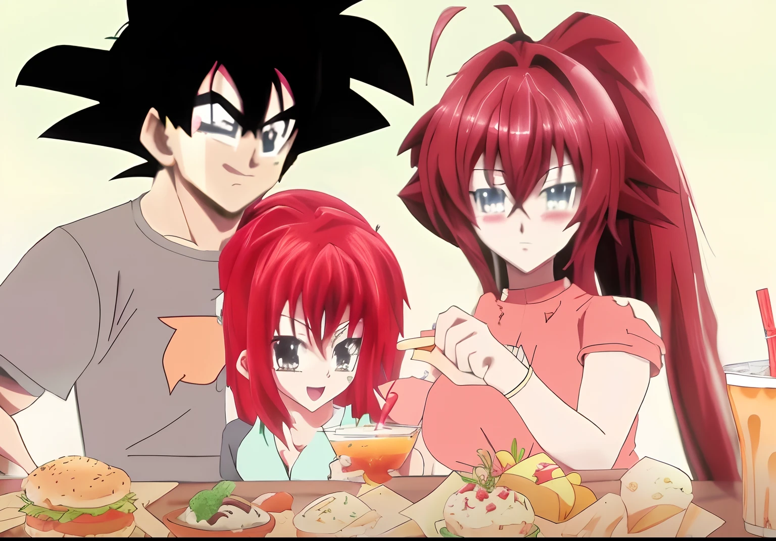 Personajes de anime sentados en una mesa con comida y bebidas, Comida anime, Erza Scarlet, son goku, Rias Gremory como persona real, familia, padre, madre y hija, Dragon Ball, high school dxd, en estilo anime,Estilo de arte anime, estilo anime", Estilo visual anime, anime, Estilo anime y manga, epic anime style