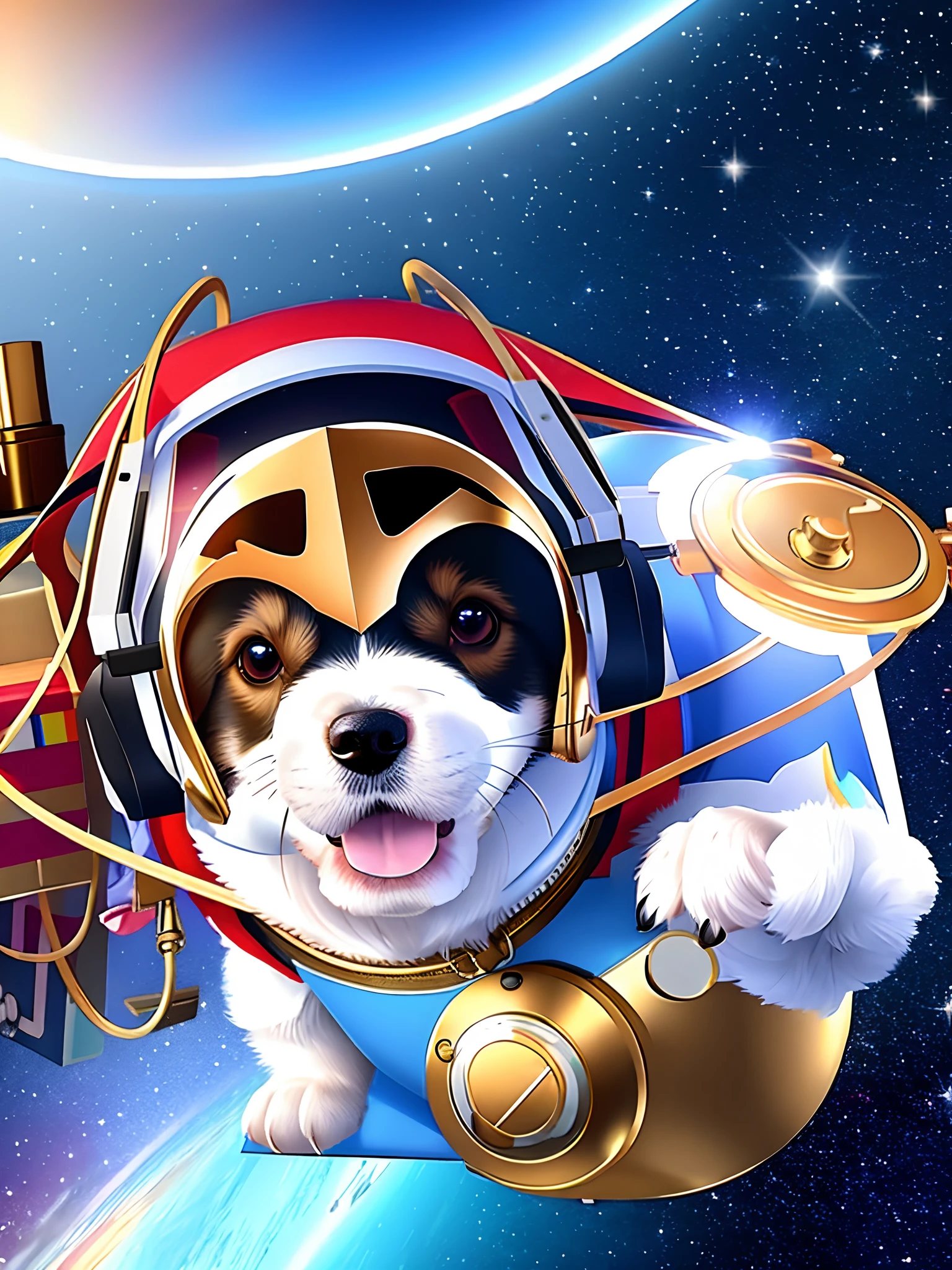 Dog in space, wearing a masks, take a selfie with , space ship