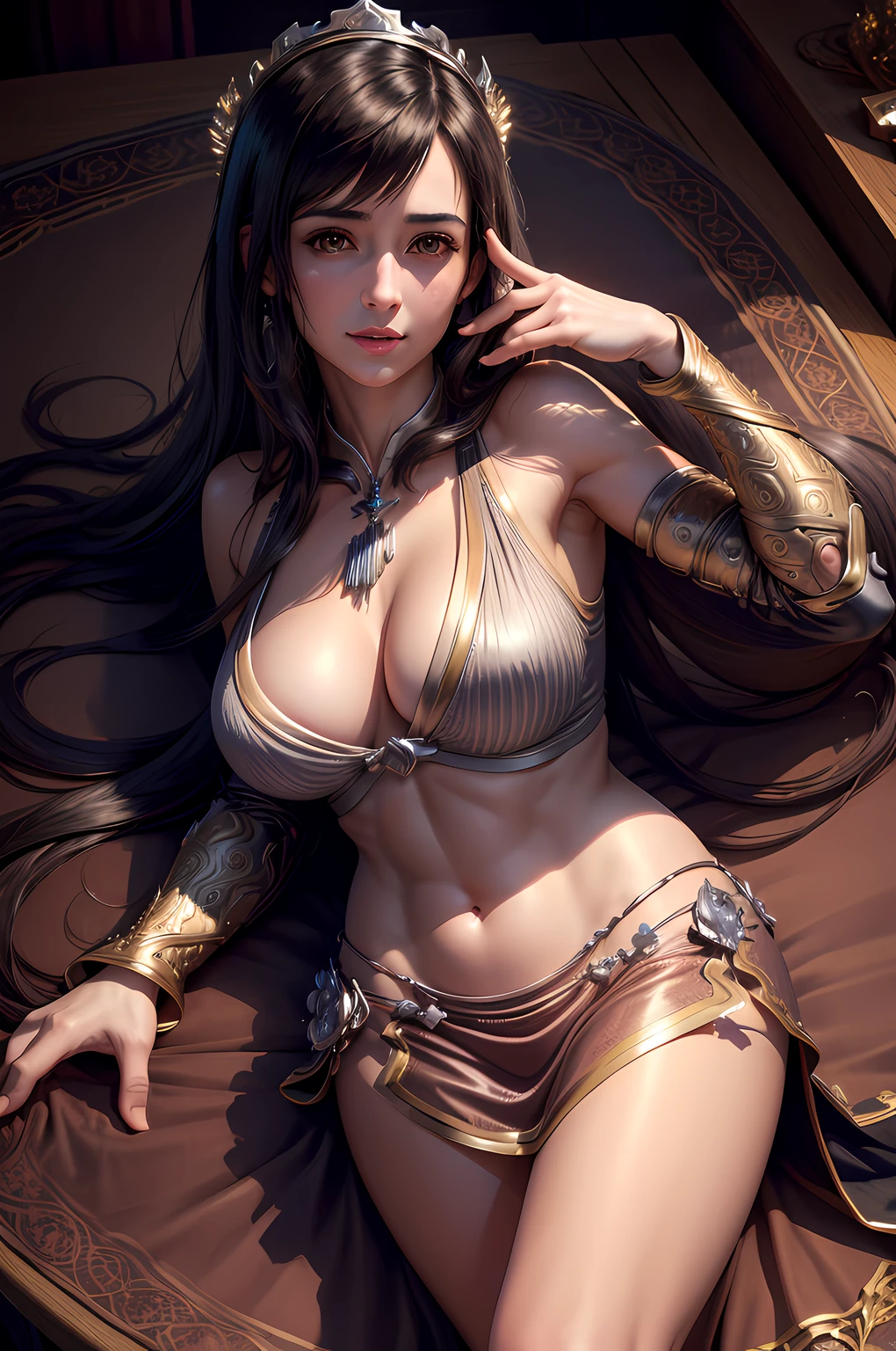 (highres, ultra-detailed, realistic:1.37), tifa, final fantasy, beautiful body, beautiful detailed eyes, detail-oriented nose, luscious lips, long flowing hair, radiant smile, elegant crown, royal attire, intricate jewelry, graceful pose, enchanting expression, majestic castle in the background, vibrant colors, soft lighting, regal atmosphere, atmospheric perspective, stunning landscape, floating clouds, magical aura, timeless beauty, intricate patterns, ethereal ambiance, striking contrast, dreamlike quality, cinematic composition