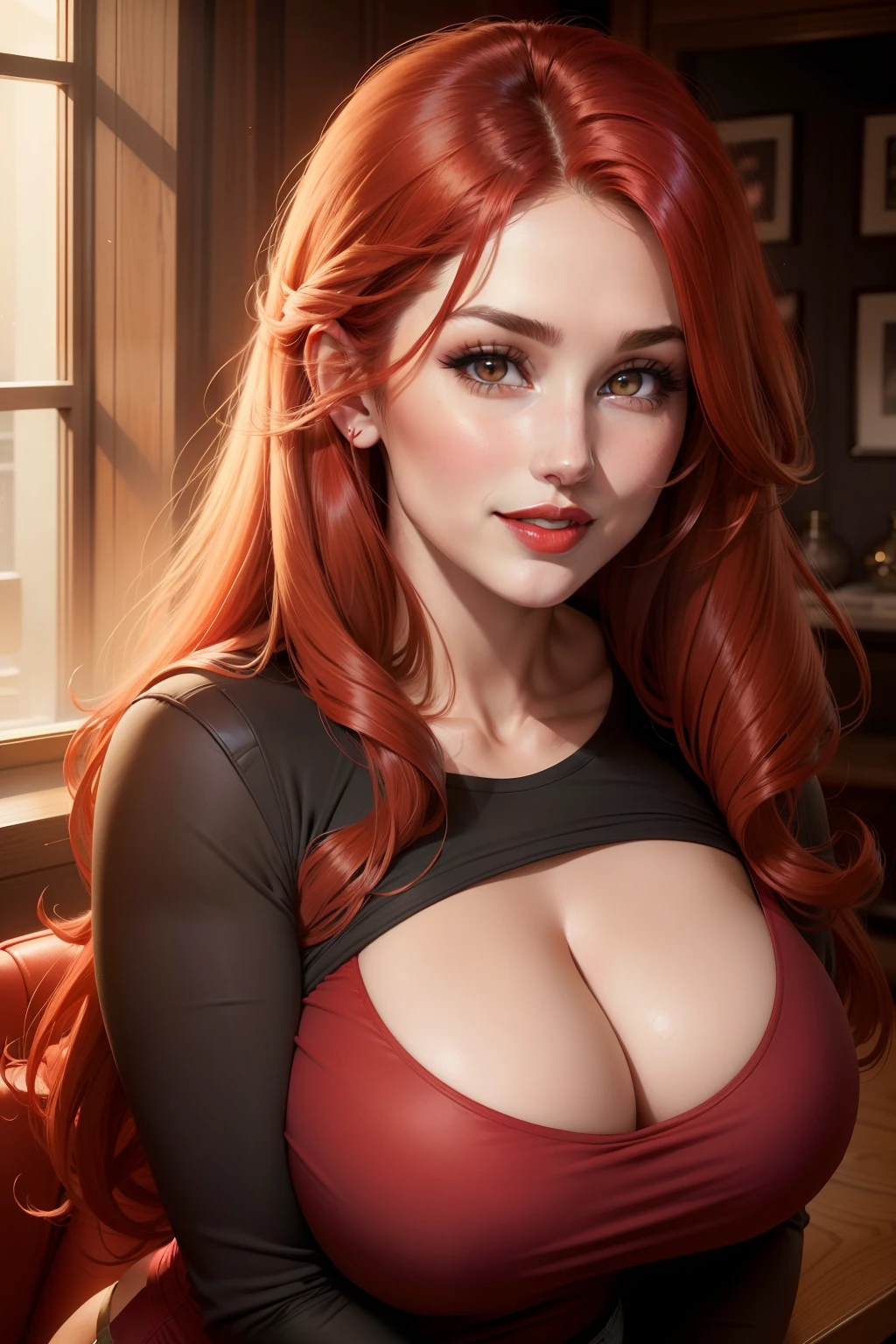 Lucy Pinder, portrait, Face portrait, red lips, smiling, cleavage, Voluptuous woman, Chubby woman, straight hair, red hair, Long hair, long sleeve t-shirt, black t-shirt, Long jeans.