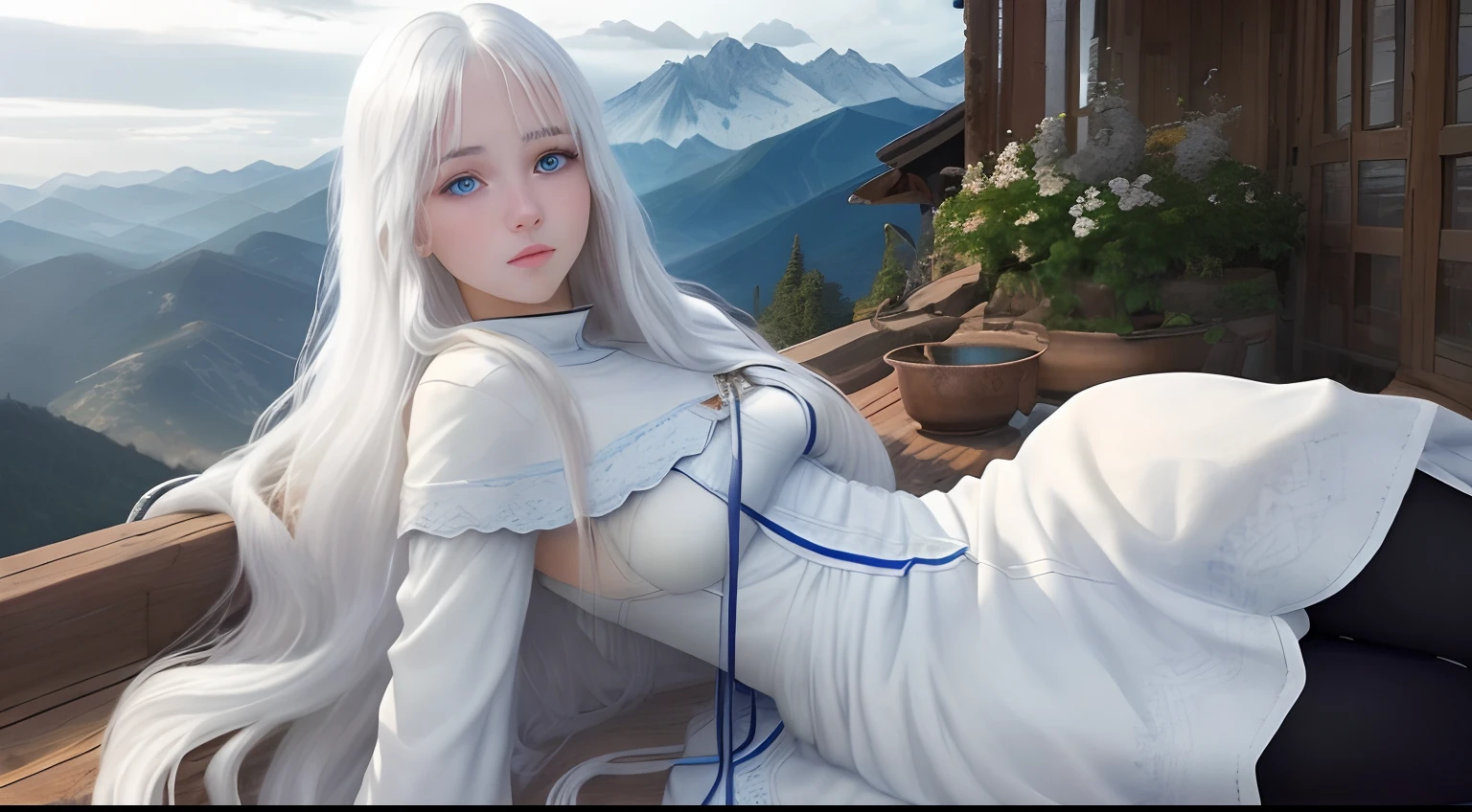 Beautiful and scary nostalgic photo effect, Sad stories,An expression of emotion that exudes true feelings，perfect white hair girl，eBlue eyes，pantyless，The barefoot，opening legs，Camel toe，detail-rich，Eye-catching，The visual impact is strong，Clouds， view over city， mountain ranges。 --auto