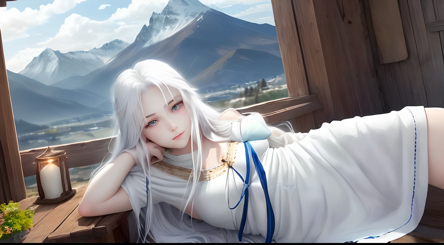 In the background are mountains, a beautiful girl name is Lisa, 18-year-old girl with blue eyes, long white hair, wearing a white tunic is sit up