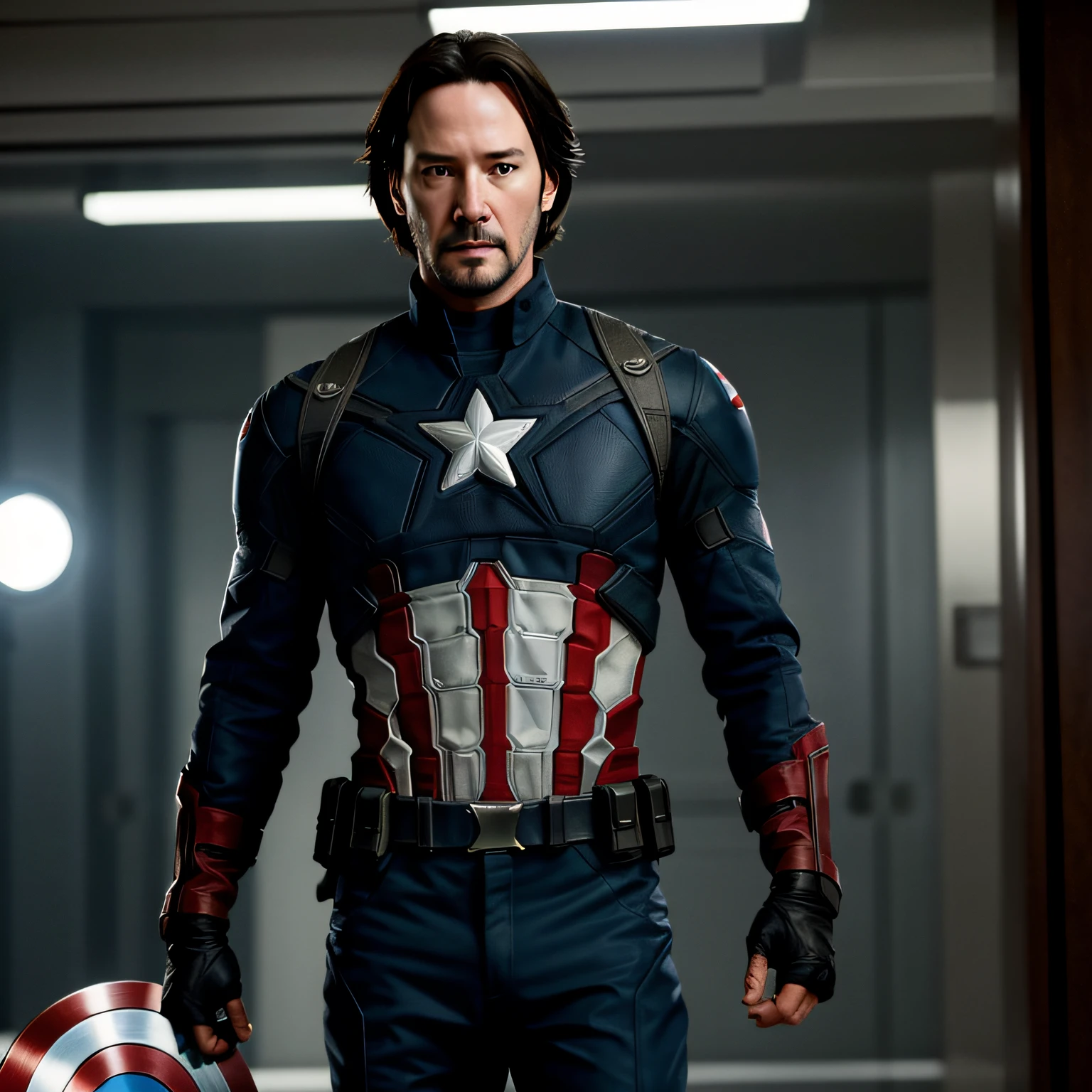 (Foto RAW:1.2), (fotorrealista:1.4), Character: Keanu Charles Reeves wearing Captain America's outfit, without the mask, olhos e rosto muito detalhados, belos olhos detalhados, corpo inteiro, 4k resolution, modelo de alta qualidade, High detail, High definition, luz no rosto, Cinematic lighting