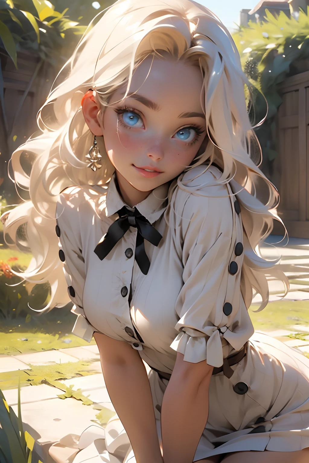 Melancholy lighting, Take it easy, calm, shine, masterpiece, best quality, 1 girl, (JinxLol: 1.2), (ultra photorealistic: 1.3), (masterpiece: 1.4), best quality, ((realistic)), high quality, Ultra Detailed, ((real image)), ((realistic skin)), ((realistic face)), (illustration: 1.05), (beautiful: 1.05), (beautiful detailed eyes: 1.05), (cinematic light: 1.1), full body, accurate proportions, 25-year old girl, CURVY model (wearing fully buttoned dress covering her chest and neck:1.7), (covering breasts and neck:1.3)waves, BLOND hair fluttering in the wind, long legs, slightly open feet, butt, blushing, shyness, clavicle, abs, double texture, beautiful and delicate face, fair skin, real skin, (face detail), couples, super high res, 8k, parameters Best quality, masterpiece, super high res, (Realistic 2.0), more details, detailed skin, wide smile, white teeth, VOLUMINOUS GINGER BLONDIE hair, perfect and well-drawn eyes, girlfriend, cute, pretty, studio illumination, (((PERFECT EVEN EYES:1.1)))