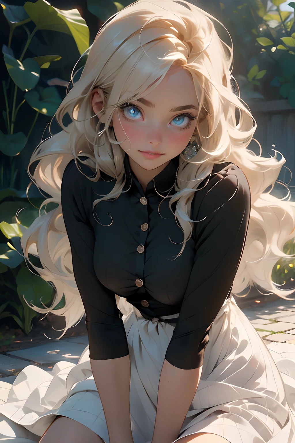 Melancholy lighting, Take it easy, calm, shine, masterpiece, best quality, 1 girl, (JinxLol: 1.2), (ultra photorealistic: 1.3), (masterpiece: 1.4), best quality, ((realistic)), high quality, Ultra Detailed, ((real image)), ((realistic skin)), ((realistic face)), (illustration: 1.05), (beautiful: 1.05), (beautiful detailed eyes: 1.05), (cinematic light: 1.1), full body, accurate proportions, 25-year old girl, CURVY model (wearing fully buttoned dress covering her chest and neck:1.7), (covering breasts and neck:1.3)waves, BLOND hair fluttering in the wind, long legs, slightly open feet, butt, blushing, shyness, clavicle, abs, double texture, beautiful and delicate face, fair skin, real skin, (face detail), couples, super high res, 8k, parameters Best quality, masterpiece, super high res, (Realistic 2.0), more details, detailed skin, wide smile, white teeth, VOLUMINOUS GINGER BLONDIE hair, perfect and well-drawn eyes, girlfriend, cute, pretty, studio illumination, (((PERFECT EVEN EYES:1.1)))