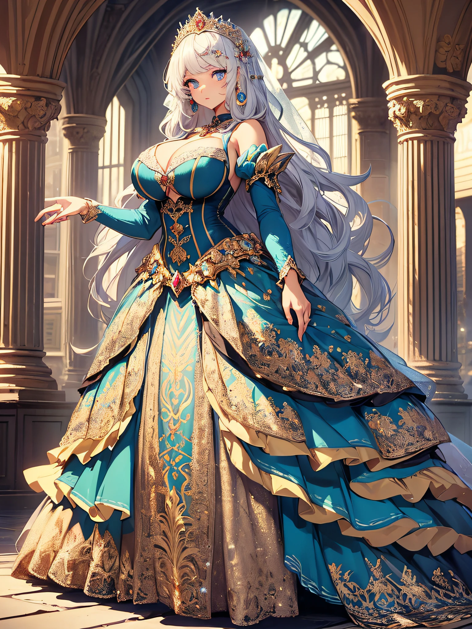 ((anime artstyle)),(Masterpiece),(Best Quality), (Super Detail),((Very Delicate and Beautiful)),cinematic lighting,1 lady,((full body portrait)),((standing in garden)),((solo)),(((1 princess in extremely gorgeous princess rococo ballgown with voluminous full length hoop skirt))),((crinoline)),long train,((beautiful embroidery and jeweled)),voluminous frills,See-through,(gorgeous embroidery and beautiful lace),(((extremely gigantic tits,skindentation))),cleavage,((large amount of straight hair,extremely voluminous Hair,Very Long Straight Hair)),(finely detailed face and eyes),clear pupil,extremely gorgeousfull hair ornament,(bling-bling jeweled extremely gorgeousfull tiara),(bling-bling gorgeous gemstone jewelry),long veil,(beautiful background),(full body),((extremely gorgeous princess rococo ballgown with voluminous full length hoop skirt))