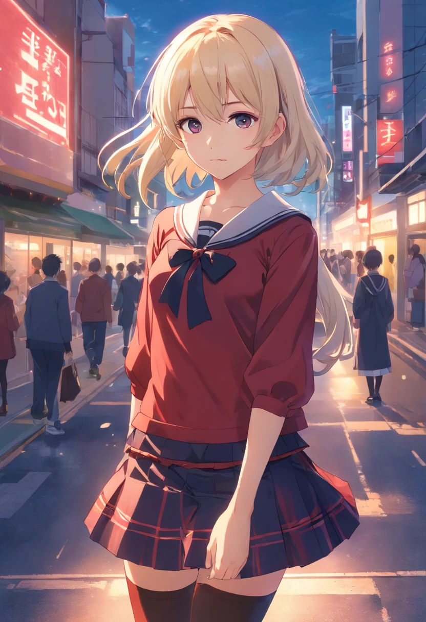a high school girl with extraordinary beauty, her skin as white as porcelain and her hair black. Her right eye is an intense red color, while her left eye is golden. She usually wears a dress that has crimson and black patterns combined with long boots with a butterfly-shaped ribbon, which gives her a gothic lolita appearance. city background