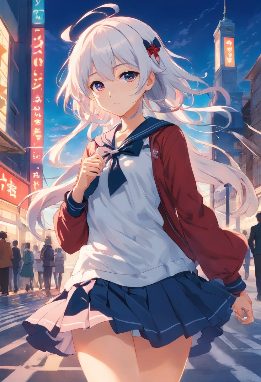 a high school girl with extraordinary beauty, her skin as white as porcelain and her hair black. Her right eye is an intense red color, while her left eye is golden. She usually wears a dress that has crimson and black patterns combined with long boots with a butterfly-shaped ribbon, which gives her a gothic ta appearance. city background