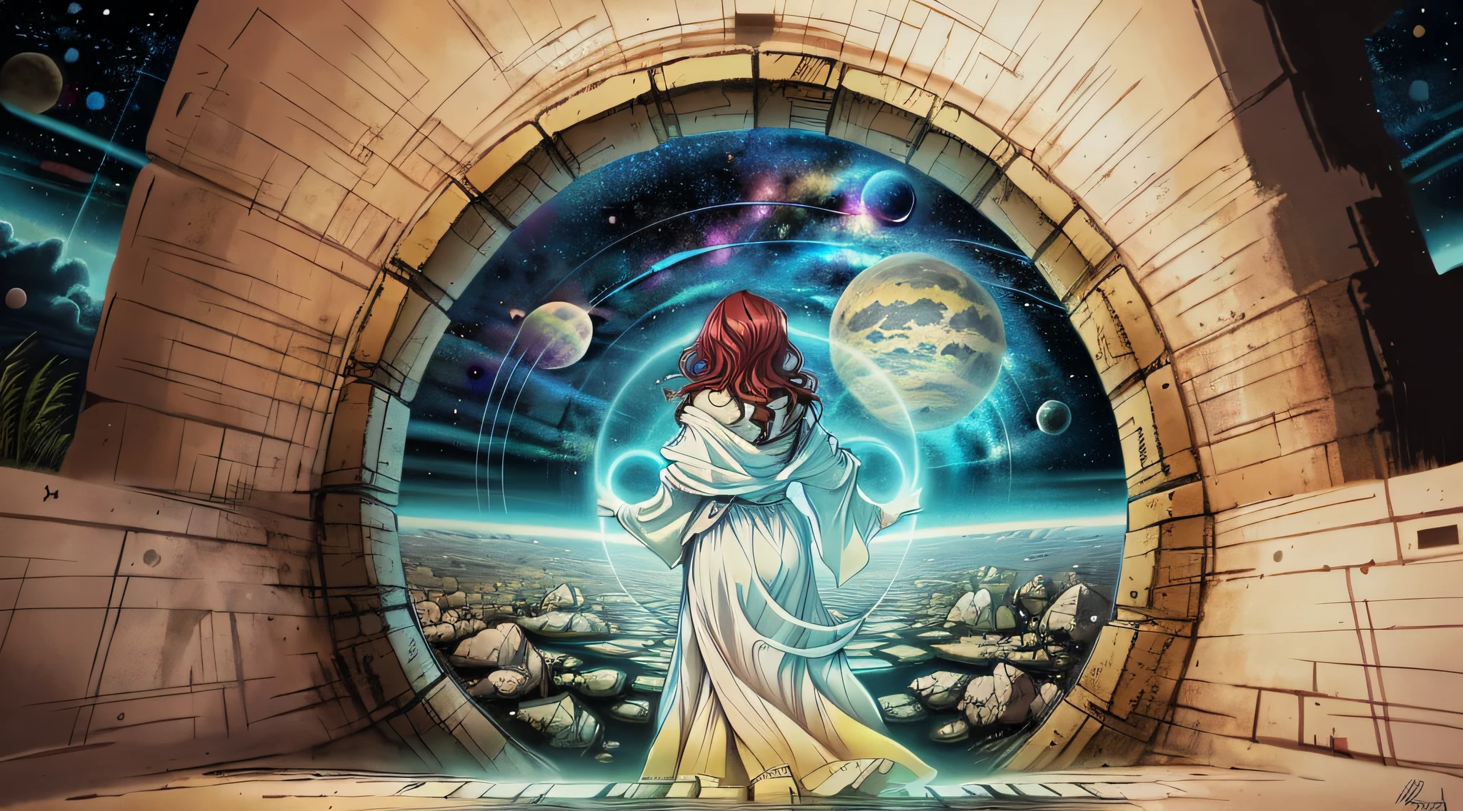 uma mulher, ao centro de vestido comprido, cor Branco, flowing red hair, em frente a um portal espacial com vista para o sol, Um portal para outro universo, inspirado em Cyril Rolando, Portal to another dimension, Mundo, visible only through the portal, Fantasia De Alta Qualidade Foto Stock, portal para outro Mundo, Portal to outer space, ao estilo pintura, Looking into space, universo, Magical Galactic Portal, O Ciclo das Estrelas, Deus