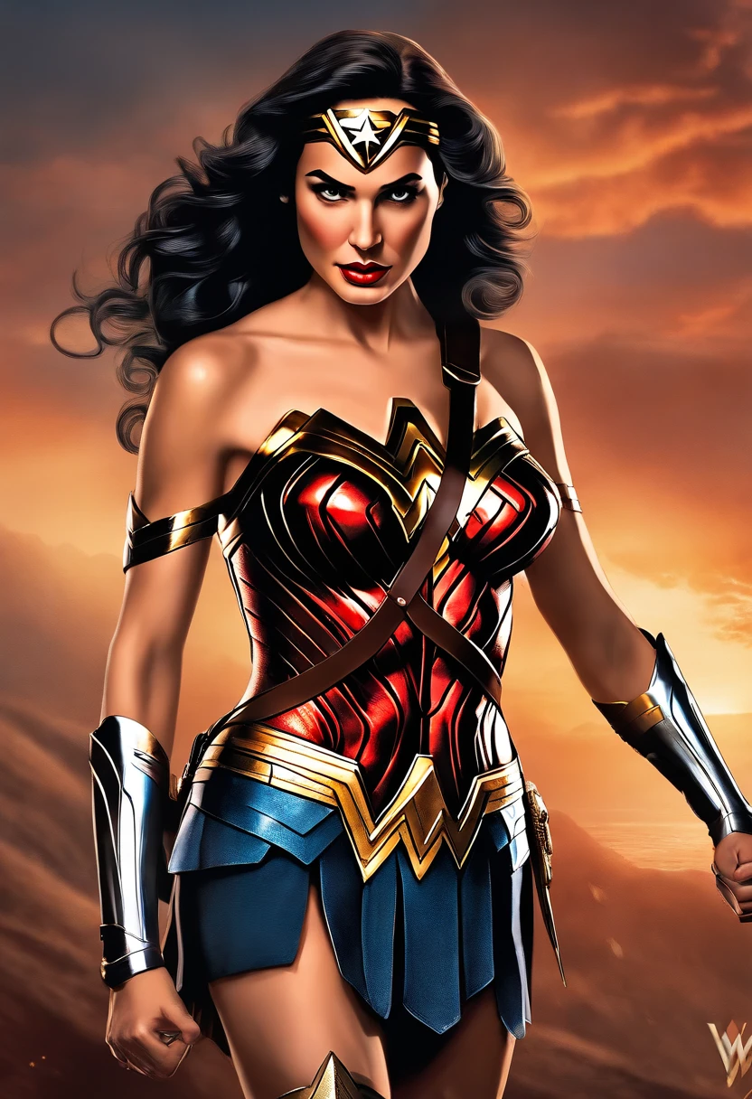 Here's an ultra-realistic image of the brunette Wonder Woman, non-sensual, with non-bulky breasts,  fazendo o auto-exame de mama no contexto da campanha do Outubro Rosa. She is showing the importance of self-examination and breast cancer awareness. Junto, We can fight this disease