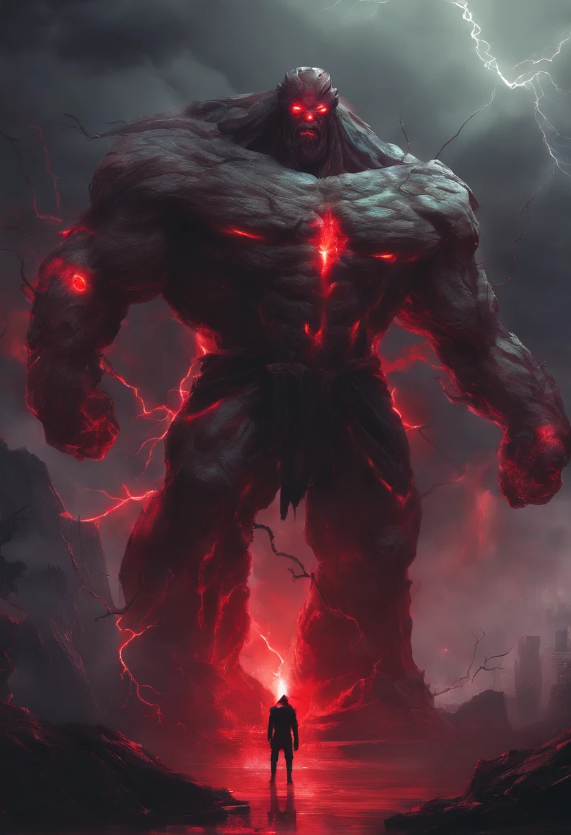 Colossal red-eyed titan that controls lightning and storms, inspirado em personagens gregos