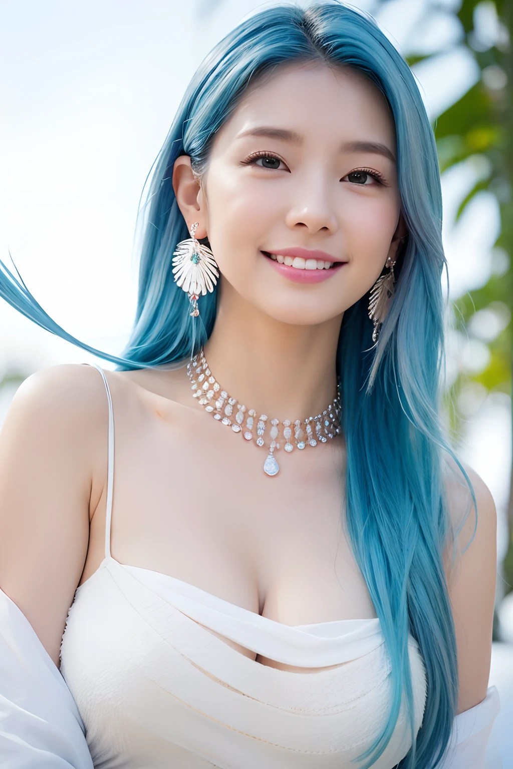 (extra detailed body、extra detailed face、best qualtiy:1.2)、femele、looking at the viewers、(White and light blue gradient hair color、a smile、Earrings of large bird feathers that go up to the shoulders、a necklace、hippy)、(Skysky)