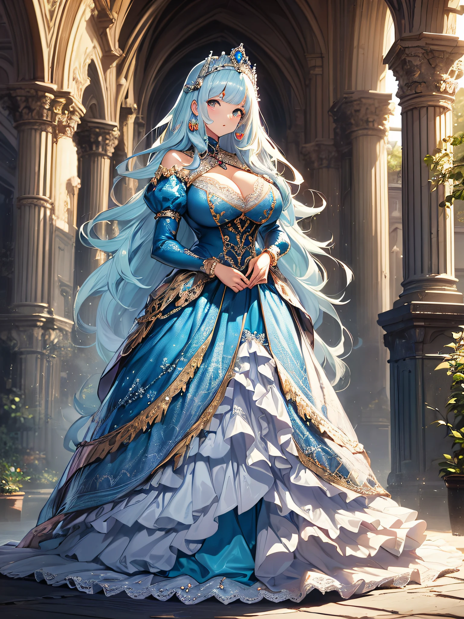 ((anime artstyle)),(Masterpiece),(Best Quality), (Super Detail),((Very Delicate and Beautiful)),cinematic lighting,1 lady,((full body portrait)),((standing in garden)),((solo)),(((1 princess in extremely gorgeous princess rococo ballgown with voluminous full length hoop skirt))),((crinoline)),long train,((beautiful embroidery and jeweled)),voluminous frills,See-through,(gorgeous embroidery and beautiful lace),(((extremely gigantic tits,skindentation))),cleavage,((large amount of straight hair,extremely voluminous Hair,Very Long Straight Hair)),(finely detailed face and eyes),clear pupil,extremely gorgeousfull hair ornament,(bling-bling jeweled extremely gorgeousfull tiara),(bling-bling gorgeous gemstone jewelry),long veil,(beautiful background),(full body),((extremely gorgeous princess rococo ballgown with voluminous full length hoop skirt))
