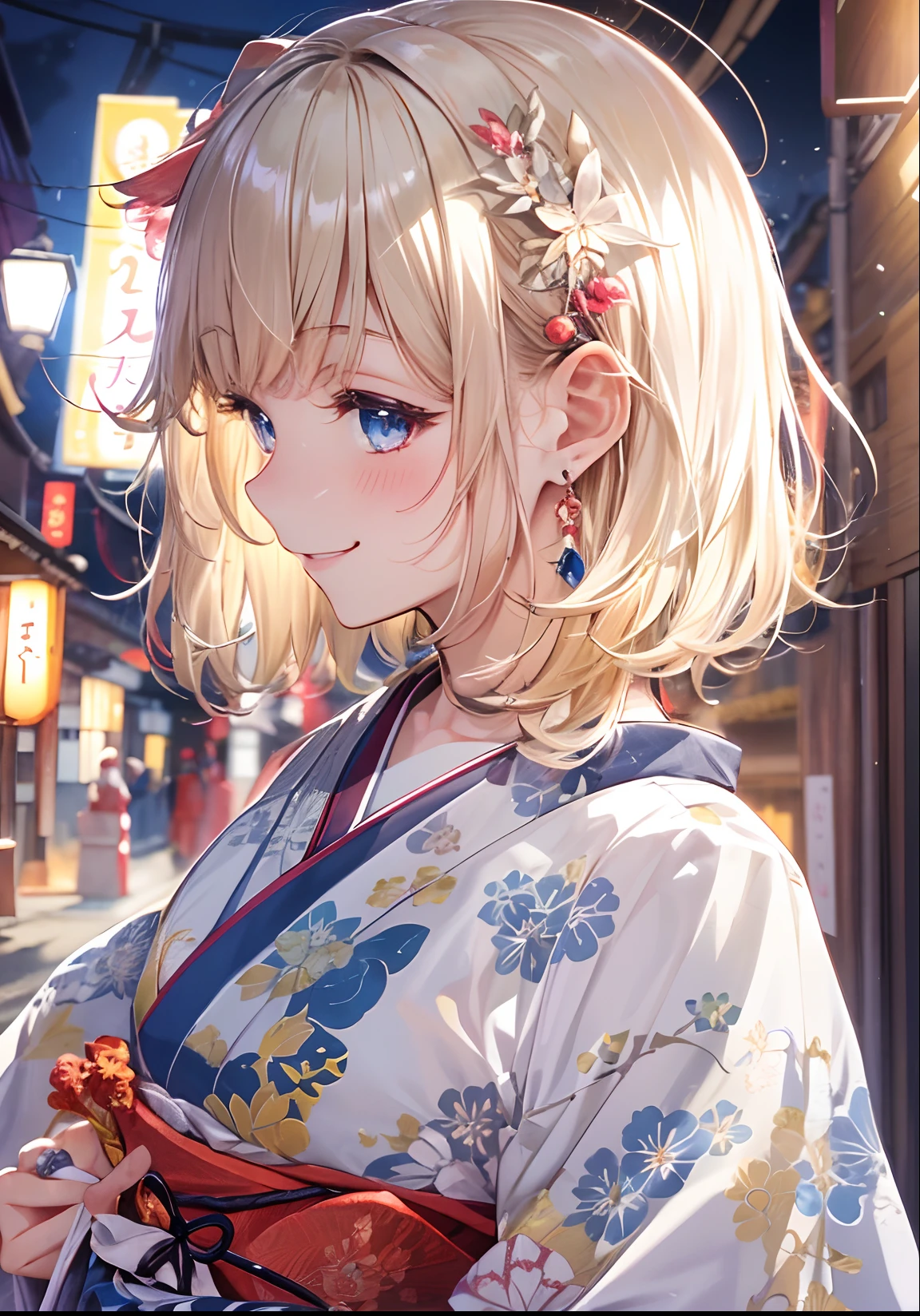 absurderes, ultra-detailliert,bright colour, extremely beautiful detailed anime face and eyes, view straight on, ;D, shiny_skin,25 years old, Short hair, , asymmetrical bangs, Blonde hair with short twin tails, Shiny hair, Delicate beautiful face, red blush、Blue eyes, White skin, hair clips, (Looking back:1.3)、(Happy smile:1.3)、Shiny hair、small earring、Small necklace、Brightly colored kimono、(Kyoto at night:1.4)