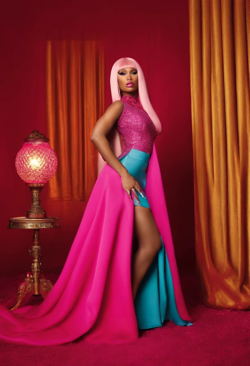 Nicki Minaj pink hair, wearing a sexy pink jumpsuit, wearing a big chain necklace, wearing pink high boots, in a colorful room