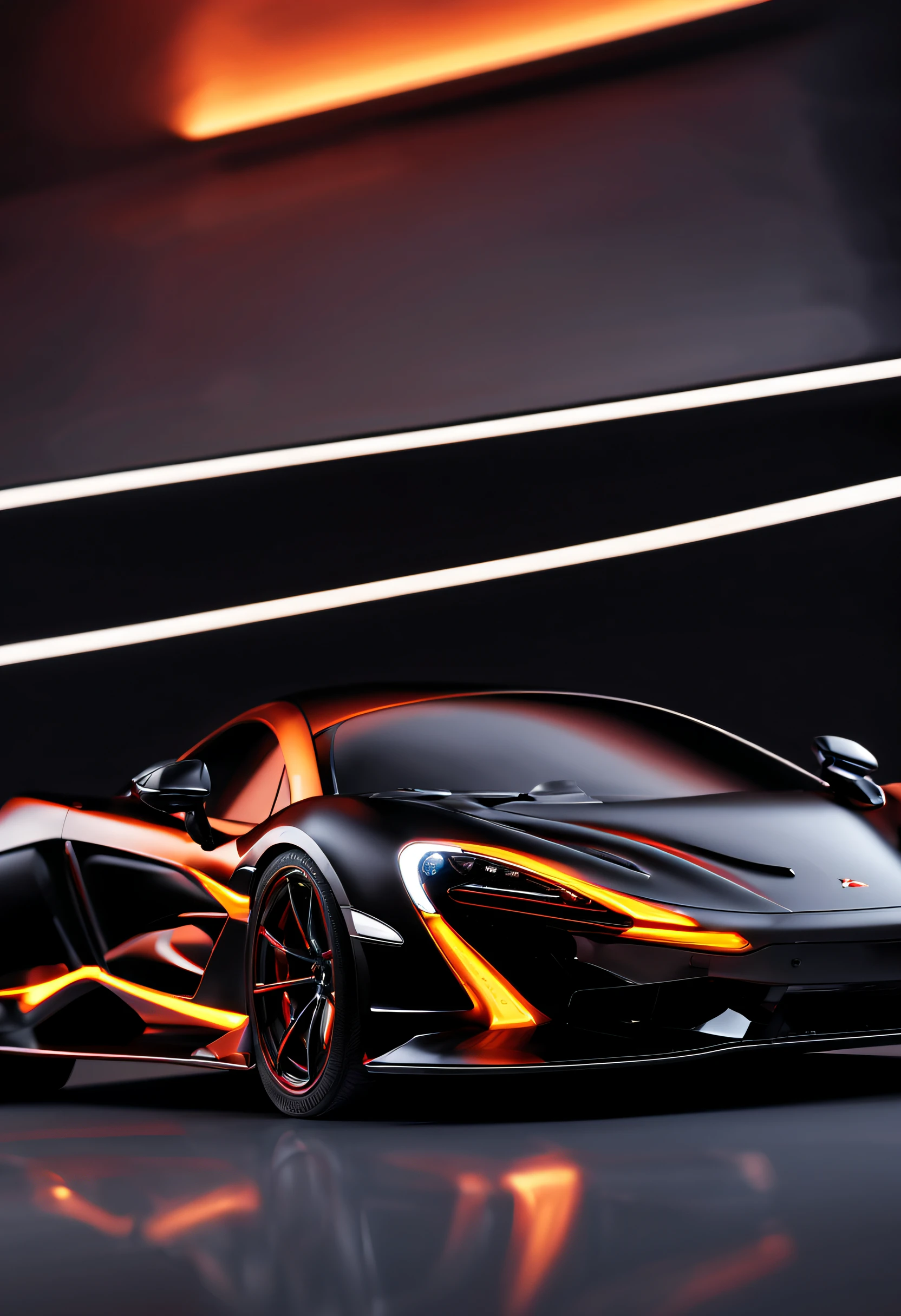 A burning black mclaren p720 hypercar on a black background Atmospheric Hyperrealistic Sharp focus Cinematic lighting Octane render