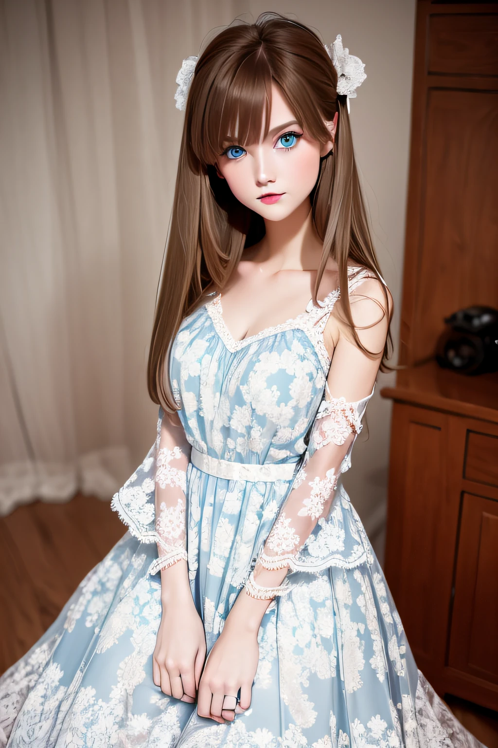 beautiful  European girl, brown hair, blue eyes, ((Melancholy Girl)), portrait of Princess Ruu, Telluric Sky, Robert Chang Style, Princess Mechanlolia, Princess Melancholy, Full Boy,