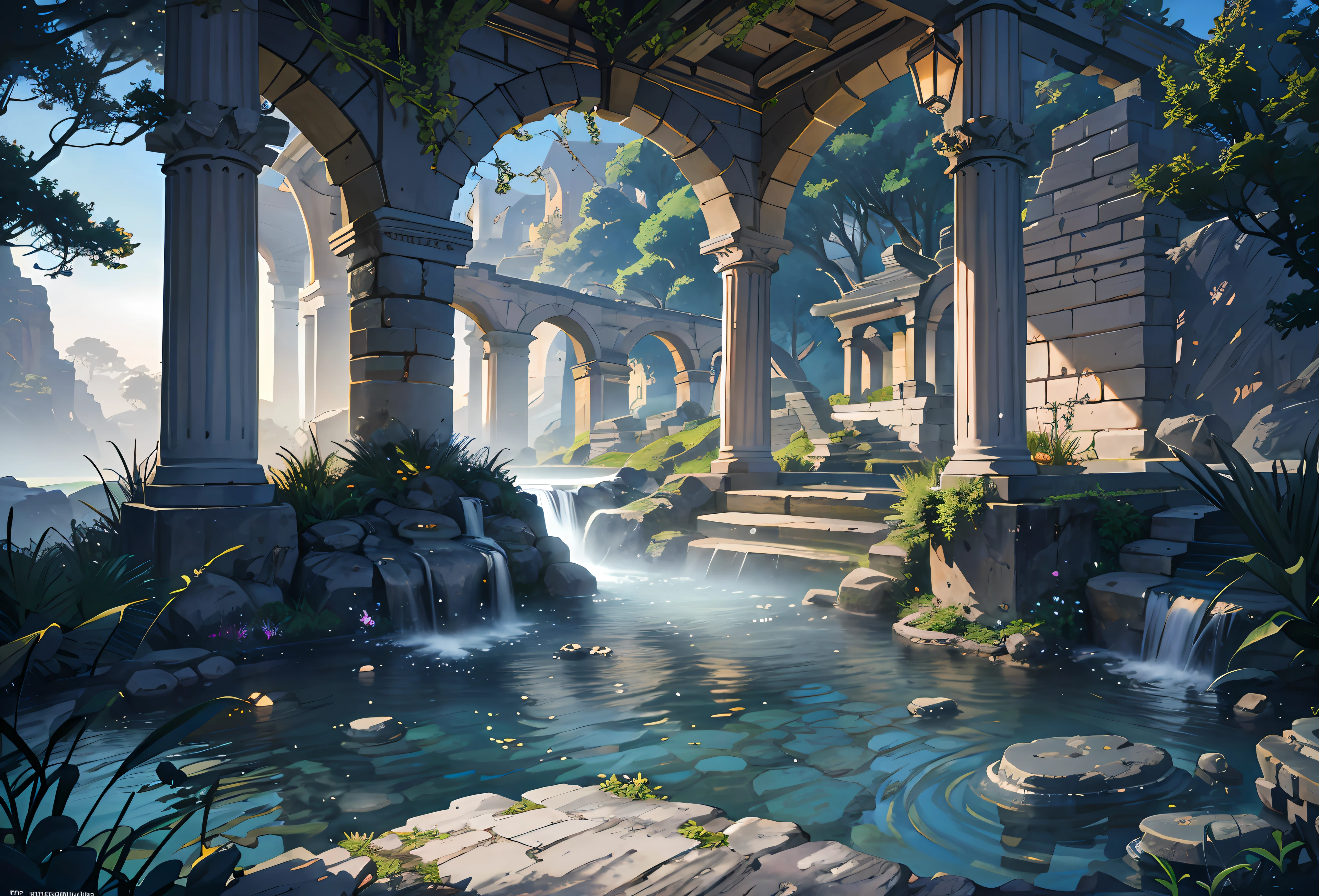 Ancient roman architecture, cool colors, dark night, moon, garden, pergola , lake, stone bridge, rockery, arch, corner, tree, running water, landscape, outdoor, waterfall, grass, rock, dense fog, (Illustration: 1.0) , Epic Composition, HD Details, Masterpiece, Best Quality, (Very Detailed CG Unity 8k Wallpapers)