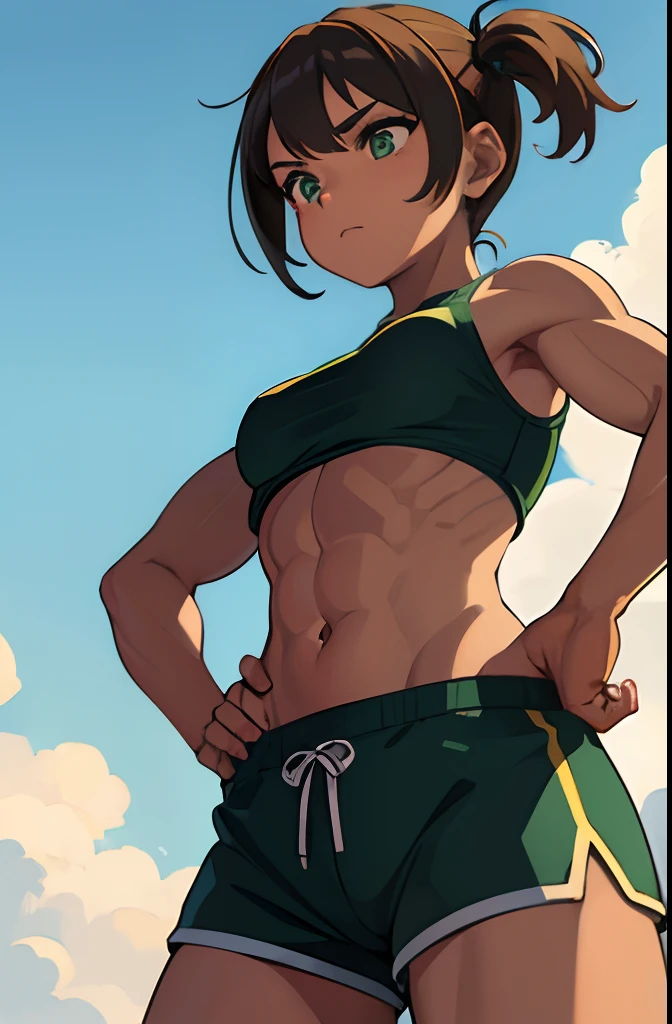 Masterpiece, 1girl, front, ((muscle girl)), ((defined muscles)), tanned skin, olive skin, light brown hair, green eyes, small boobs, top, shorts,view from below,