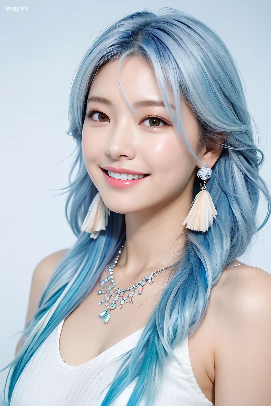 (extra detailed body、extra detailed face、best qualtiy:1.2)、femele、looking at the viewers、(White and light blue gradient hair color、a smile、Earrings of large bird feathers that go up to the shoulders、a necklace、hippy)、(Skysky)
