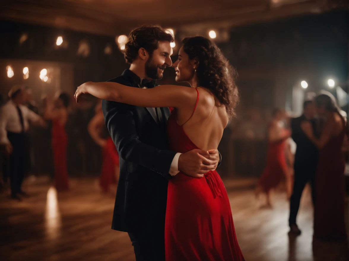 Photorealsitic、Photo of beautiful woman in her 20s、Man and woman dancing salsa、RED dress、top-quality