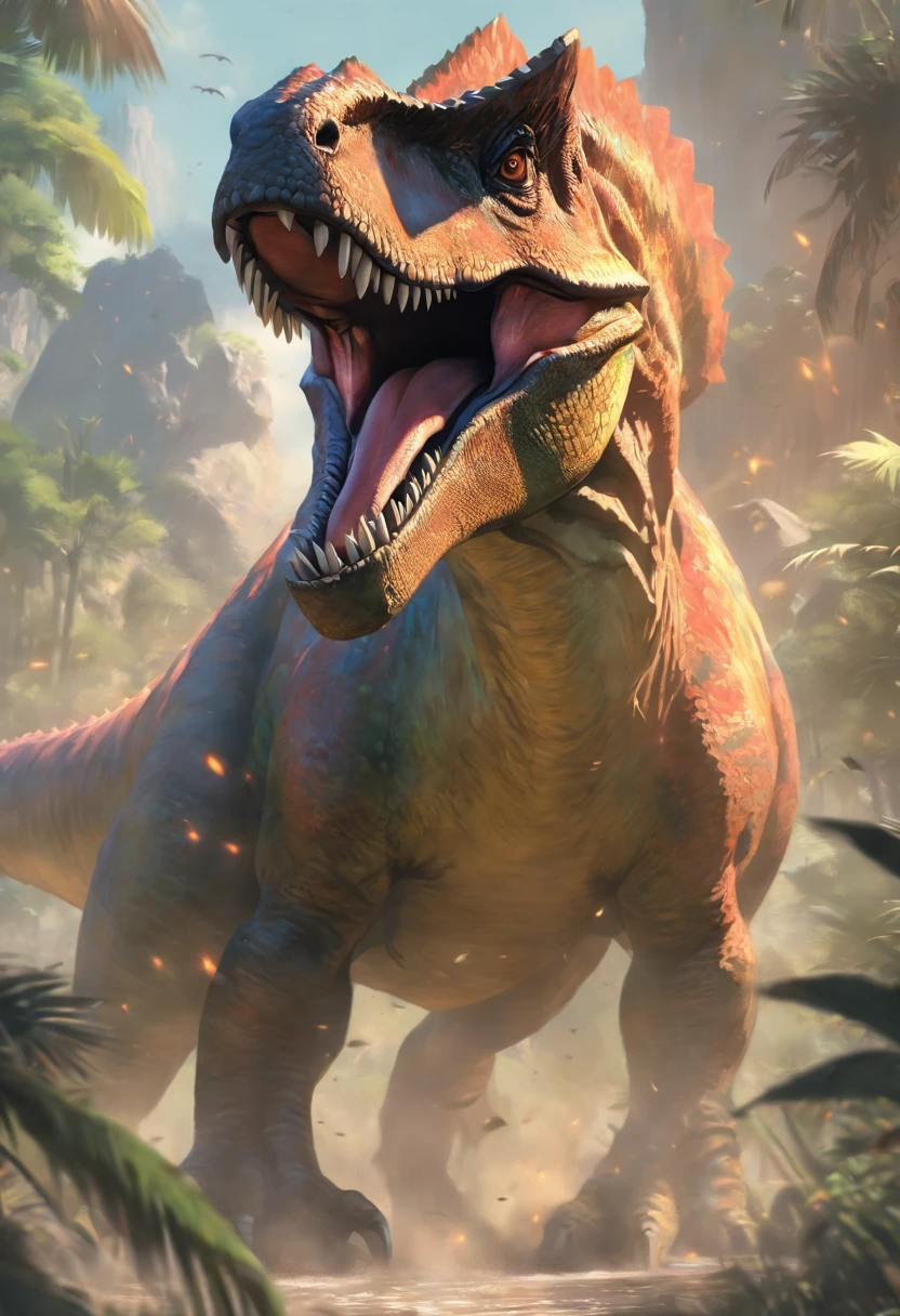 (high quality,ultra-detailed,masterpiece:1.2),solo,detailed dinosaur,prehistoric creature,large scale,dinosaur in natural habitat,dinosaur hunting,ferocious carnivore,sharp teeth,scaly skin,reptilian appearance,majestic posture,breathtaking scene on a sunny day,dinosaur roaring,with a powerful presence,striking and intimidating,massive and muscular body,ancient and awe-inspiring,realistic depiction,impressive size,imposing silhouette,dramatic lighting emphasizing its features,vibrant colors contrasting with the surroundings,mastered in oil painting,realistic textures and shading,paint strokes capturing the dinosaur's movement and texture,strong visual impact,perfectly captures the essence of prehistoric times,revealing the untamed beauty of dinosaurs.