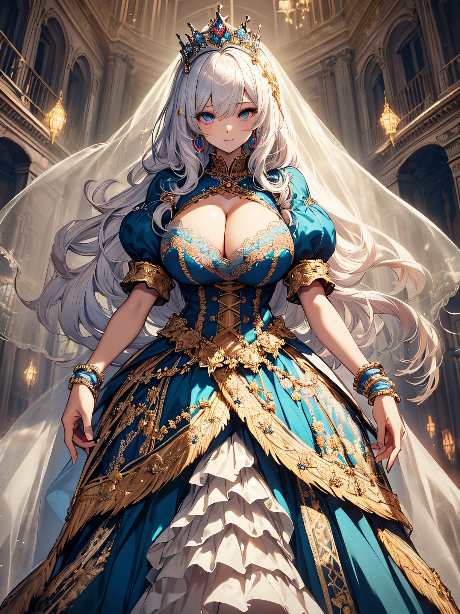 ((anime artstyle)),(Masterpiece),(Best Quality), (Super Detail),((Very Delicate and Beautiful)),cinematic lighting,1 lady,((full body portrait)),((standing in garden)),((solo)),(((1 princess in extremely gorgeous princess rococo ballgown with voluminous full length hoop skirt))),((crinoline)),long train,((beautiful embroidery and jeweled)),voluminous frills,See-through,(gorgeous embroidery and beautiful lace),(((extremely gigantic tits,skindentation))),cleavage,((large amount of straight hair,extremely voluminous Hair,Very Long Straight Hair)),(finely detailed face and eyes),clear pupil,extremely gorgeousfull hair ornament,(bling-bling jeweled extremely gorgeousfull tiara),(bling-bling gorgeous gemstone jewelry),long veil,(beautiful background),(full body),((extremely gorgeous princess rococo ballgown with voluminous full length hoop skirt))
