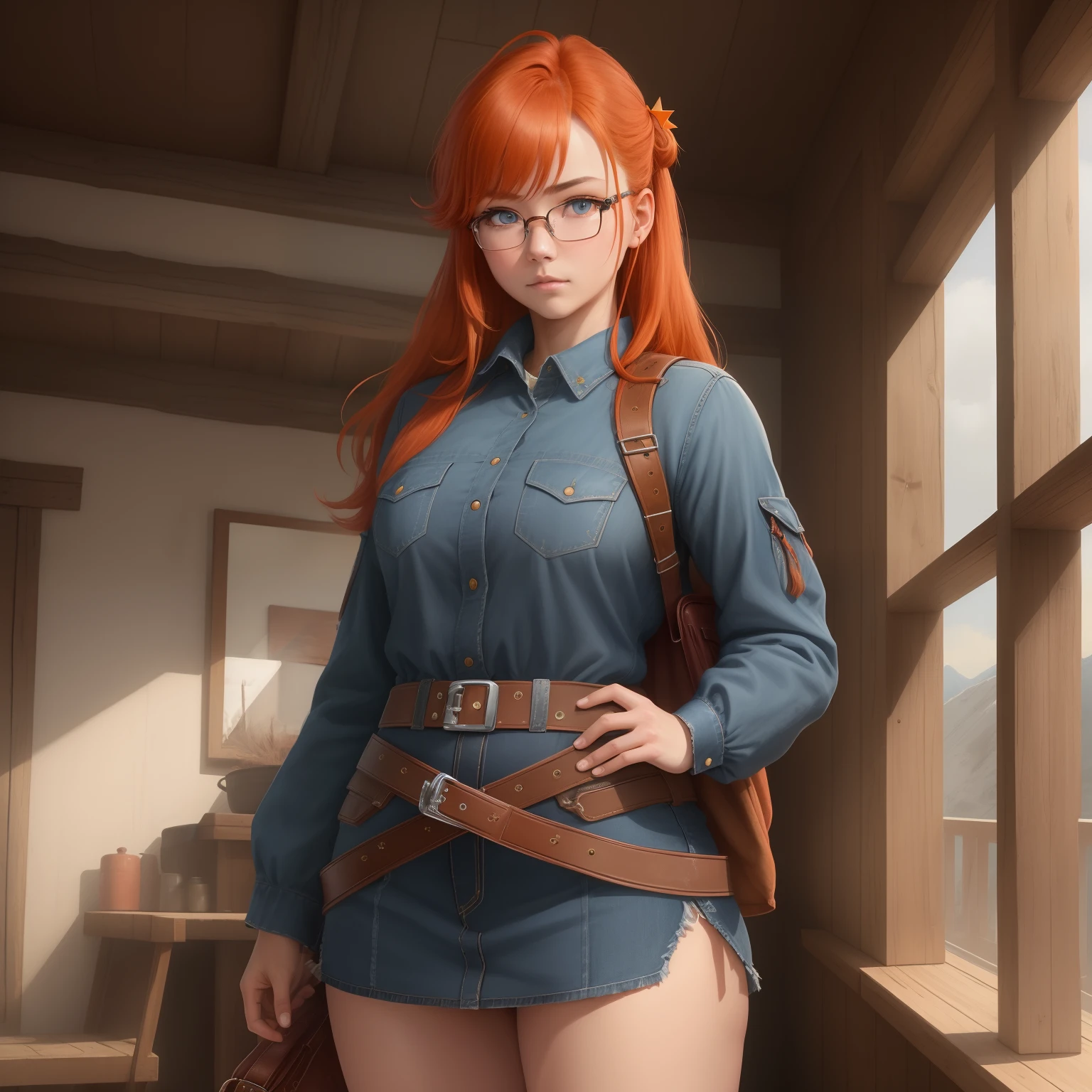 8k, masterpiece, best quality, realistic, higly detailed, cowboy shot, 1girl, solo, itsuki, serious looking girl, medium-length hair, expressive ahoge, reddish-orange hair, a pair of star-shaped hairpins near both of her eyes, dark blue eyes, average height, well-endowed figure, glasses, cute, trapper