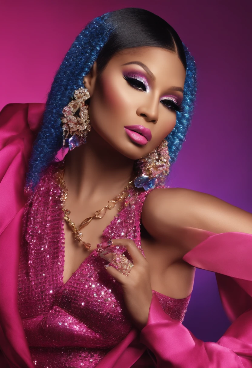 Nicki Minaj on the Photoshoot of Pink Friday 2,illustration,eye-catching colors,vibrant background,fierce gaze,detailed makeup,playful and confident pose,high-fashion outfits,creative props,studio lighting,ultra-detailed facial features,sparkling jewelry, glamorous atmosphere,realistic rendering,professional composition,photo-realistic:1.37,HD quality,sharp focus,bokeh