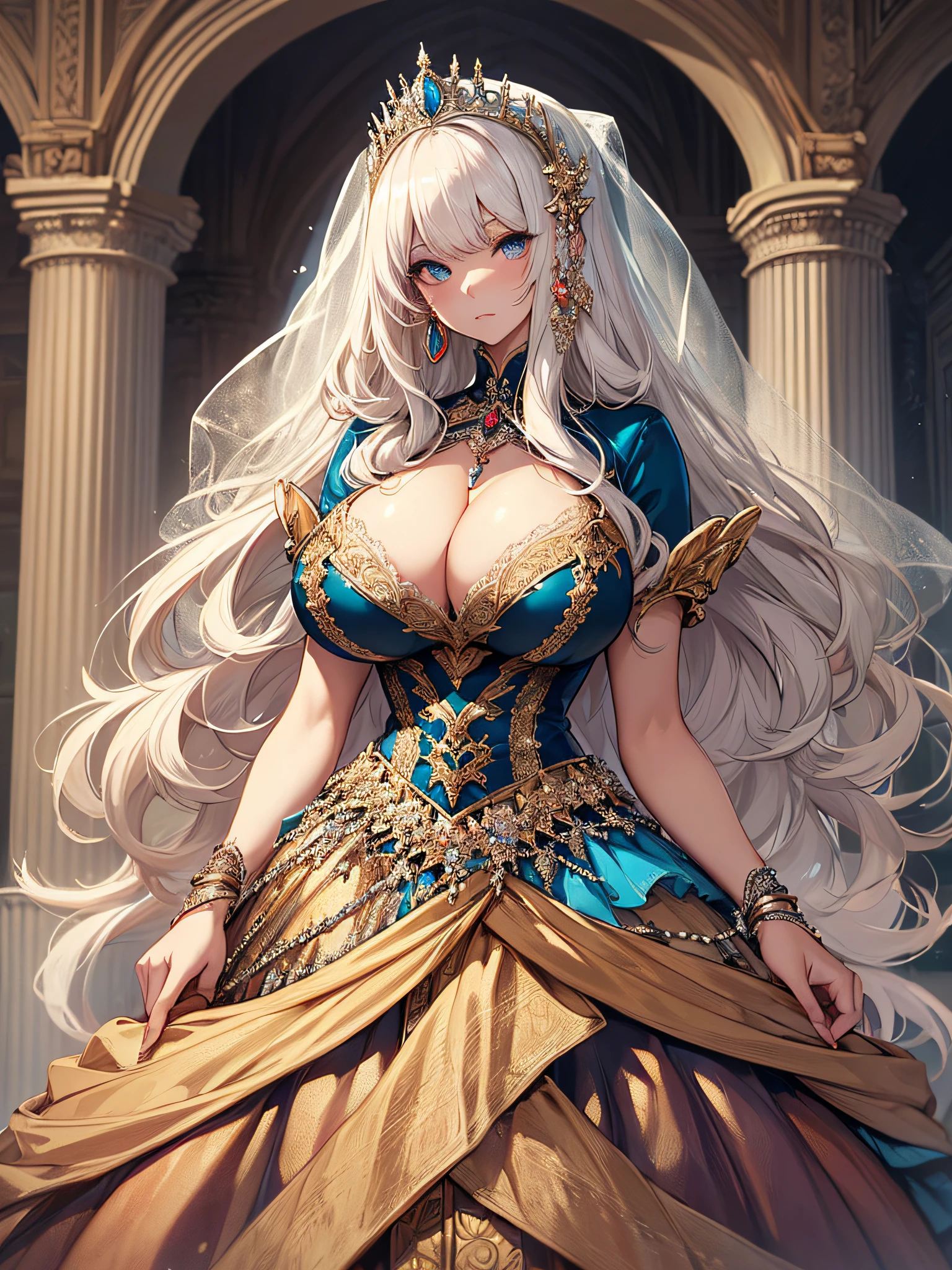 ((anime artstyle)),(Masterpiece),(Best Quality), (Super Detail),((Very Delicate and Beautiful)),cinematic lighting,1 lady,((full body portrait)),((standing in garden)),((solo)),(((1 princess in extremely gorgeous princess rococo ballgown with voluminous full length hoop skirt))),((crinoline)),long train,((beautiful embroidery and jeweled)),voluminous frills,See-through,(gorgeous embroidery and beautiful lace),(((extremely gigantic tits,skindentation))),cleavage,((large amount of straight hair,extremely voluminous Hair,Very Long Straight Hair)),(finely detailed face and eyes),clear pupil,extremely gorgeousfull hair ornament,(bling-bling jeweled extremely gorgeousfull tiara),(bling-bling gorgeous gemstone jewelry),long veil,(beautiful background),(full body),((extremely gorgeous princess rococo ballgown with voluminous full length hoop skirt))