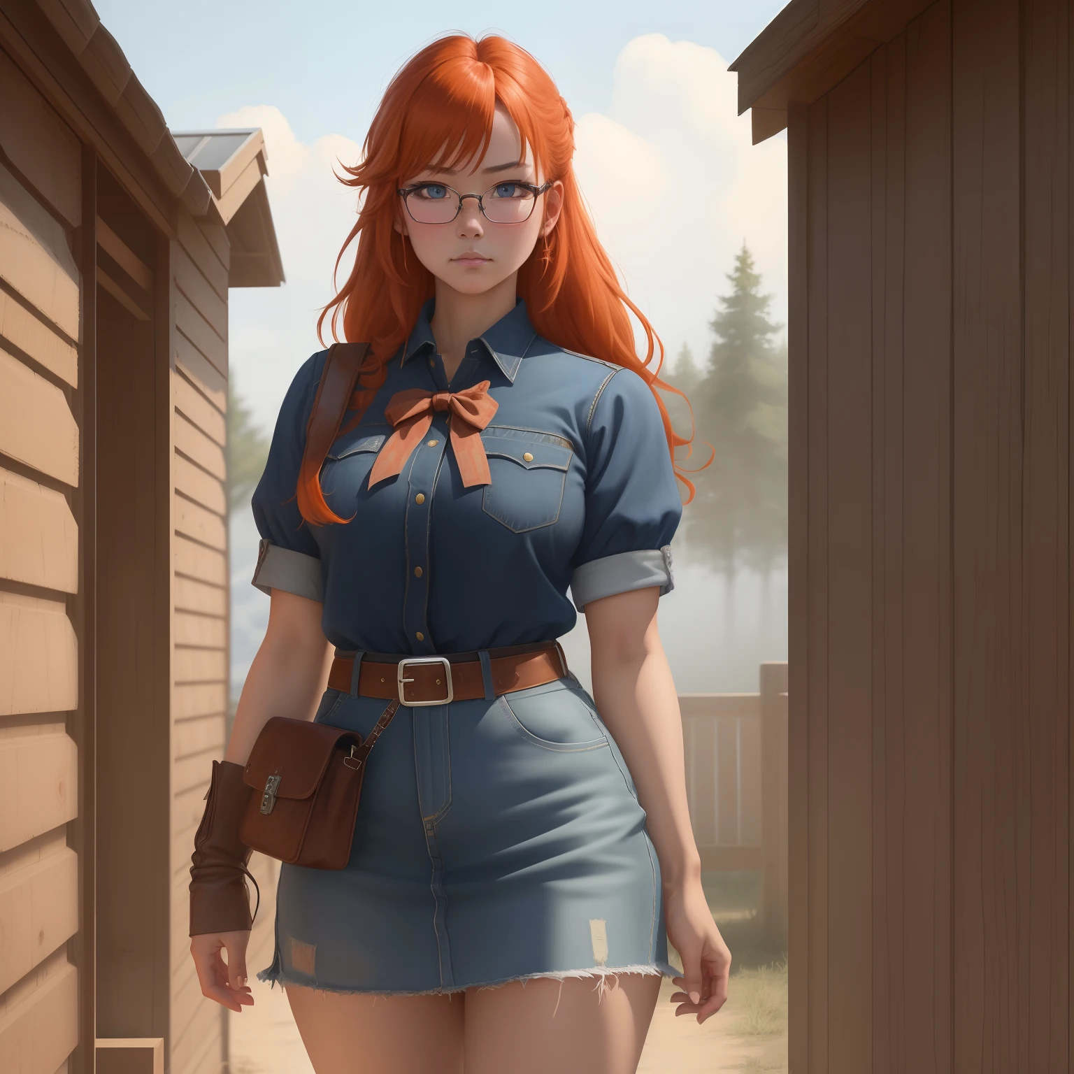 8k, masterpiece, best quality, realistic, higly detailed, cowboy shot, 1girl, solo, itsuki, serious looking girl, medium-length hair, expressive ahoge, reddish-orange hair, a pair of star-shaped hairpins near both of her eyes, dark blue eyes, average height, well-endowed figure, glasses, cute, trapper