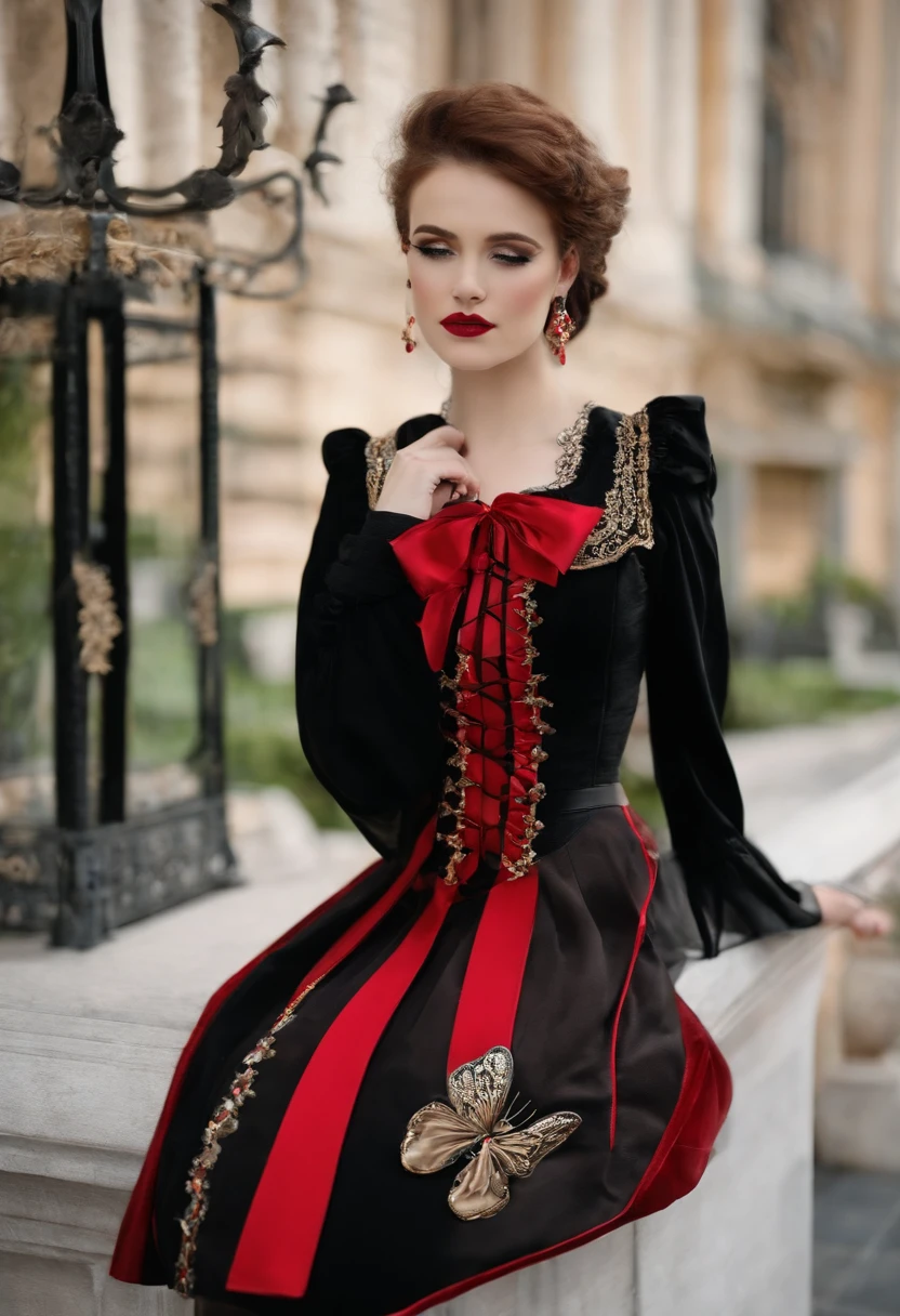 Genera una chica con una belleza extraordinaria, su piel como tan blanca como la porcelana y su cabello de color negro, Su ojo derecho es de un intenso color rojo, mientras que su ojo izquierdo es de color dorado. Clothing that has crimson and black patterns combined with long boots with a butterfly-shaped ribbon, which gives it a gothic ta appearance. Cintura 68.9 cm
chest cup of 83.8 cm