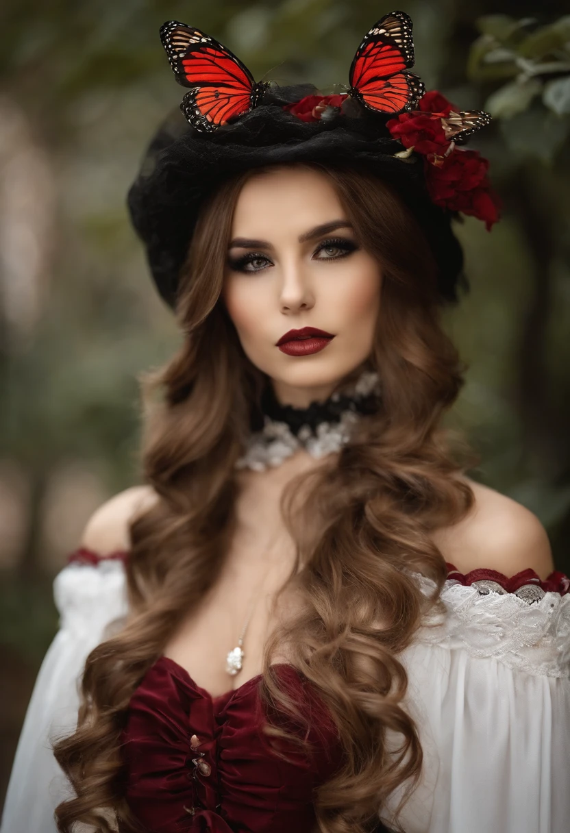 Genera una chica con una belleza extraordinaria, su piel como tan blanca como la porcelana y su cabello de color negro, Su ojo derecho es de un intenso color rojo, mientras que su ojo izquierdo es de color dorado. Clothing that has crimson and black patterns combined with long boots with a butterfly-shaped ribbon, which gives it a gothic ta appearance. Cintura 68.9 cm
chest cup of 83.8 cm