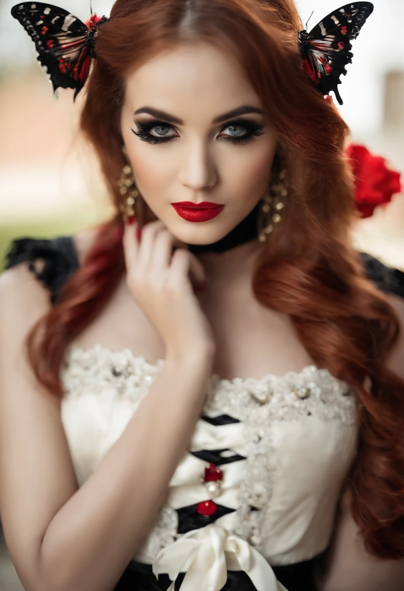 Genera una chica con una belleza extraordinaria, su piel como tan blanca como la porcelana y su cabello de color negro, Su ojo derecho es de un intenso color rojo, mientras que su ojo izquierdo es de color dorado. Clothing that has crimson and black patterns combined with long boots with a butterfly-shaped ribbon, which gives it a gothic ta appearance. Cintura 68.9 cm
chest cup of 83.8 cm