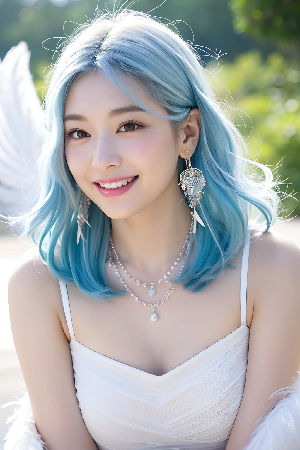 (extra detailed body、extra detailed face、best qualtiy:1.2)、femele、looking at the viewers、(White and light blue gradient hair color、a smile、Earrings of large bird feathers that go up to the shoulders、a necklace、hippy)、(Skysky)